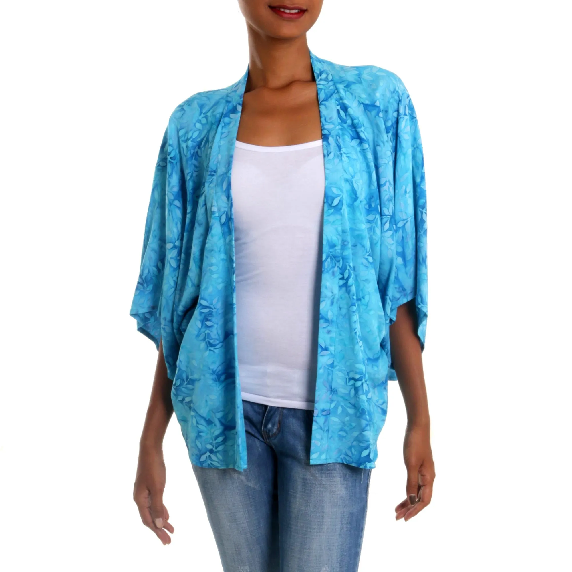 Lavish Garden in Cyan Open Kimono Jacket in Light Blue Batik