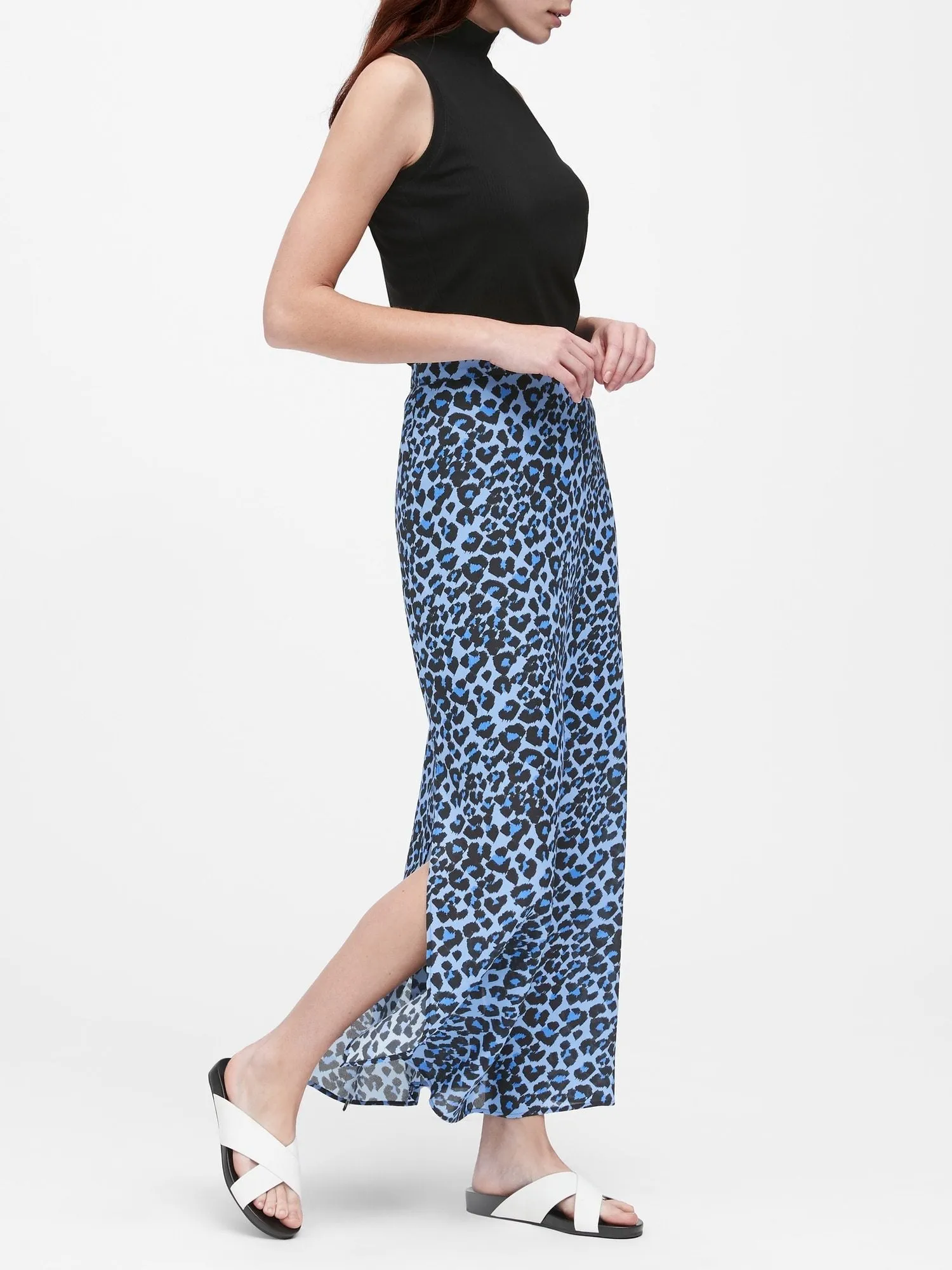 Leopard Maxi Skirt with Side Slits in Blue Leopard