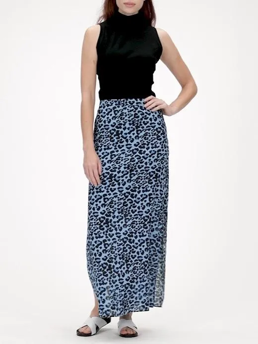 Leopard Maxi Skirt with Side Slits in Blue Leopard