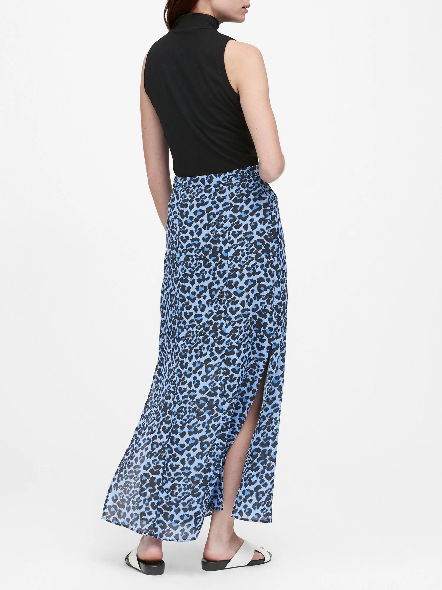 Leopard Maxi Skirt with Side Slits in Blue Leopard