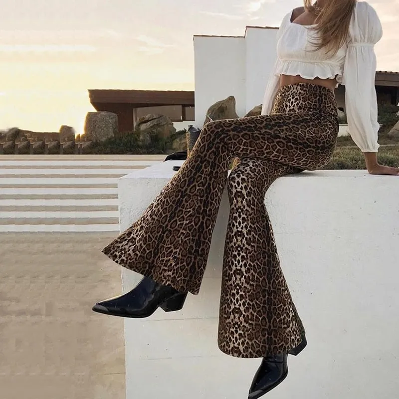 Leopard Print High Waist Flare Pants