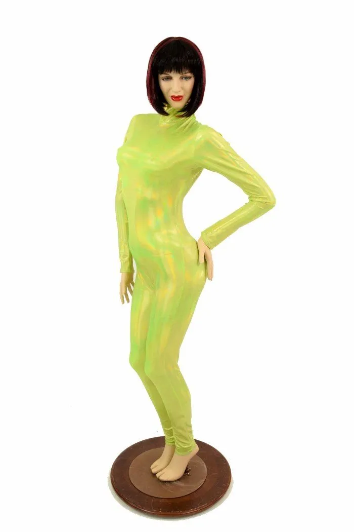 Lime Holographic Turtle Neck Catsuit