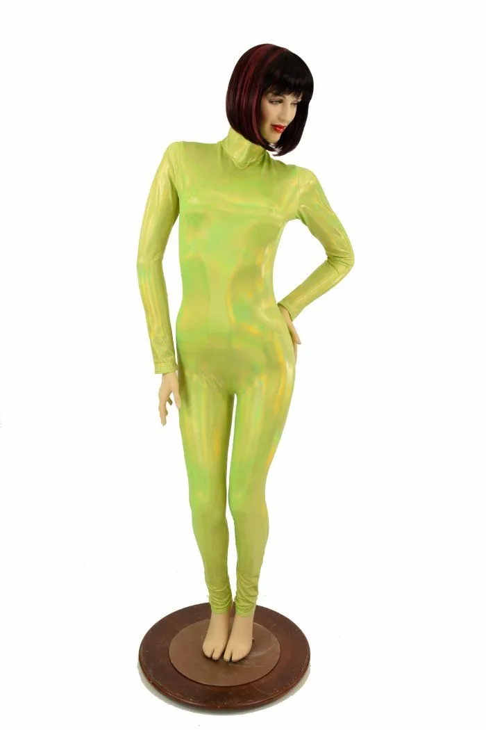 Lime Holographic Turtle Neck Catsuit