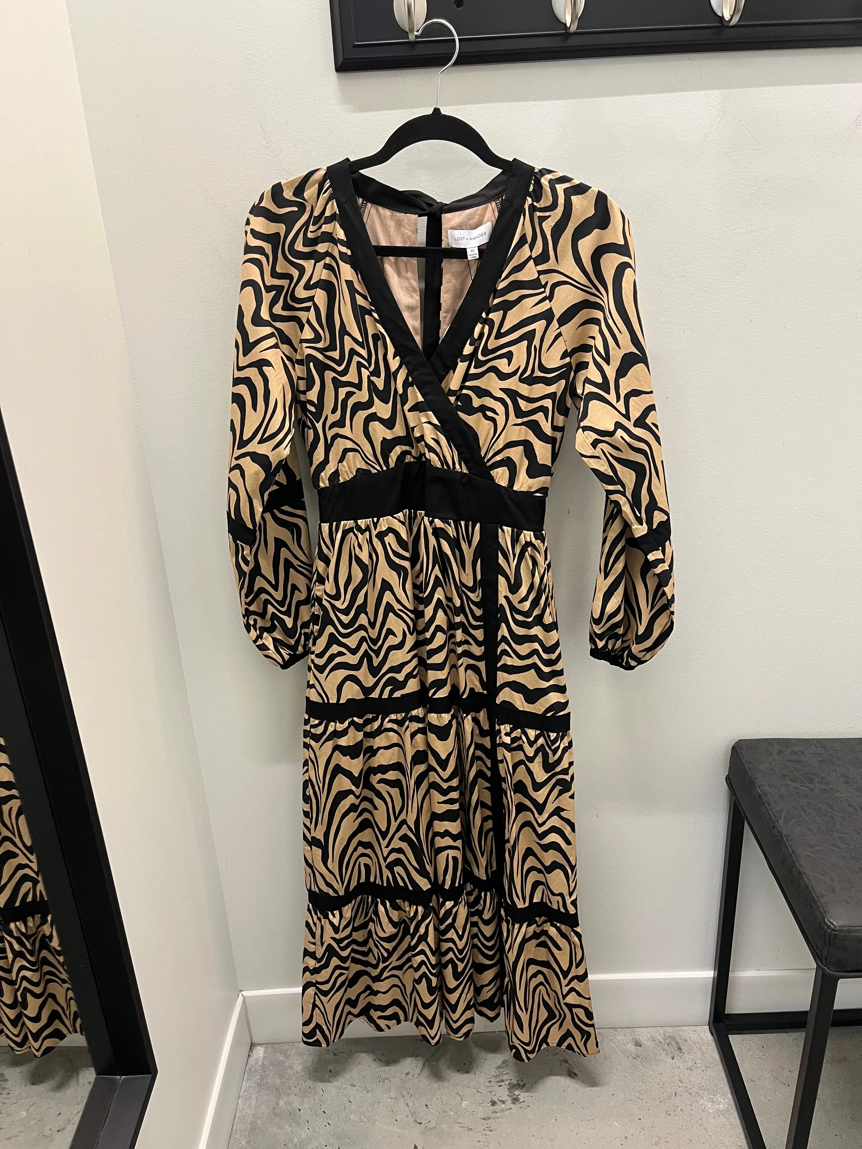 Lost   Wander Black Tan Animal Print Maxi Dress