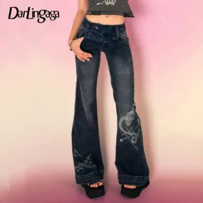 LVSANW Darlingaga Y2K Grunge Fairycore Chic Skinny Low Rise Flared Jeans Women Vintage Aesthetic Heart Printed Denim Trousers Boot Cut