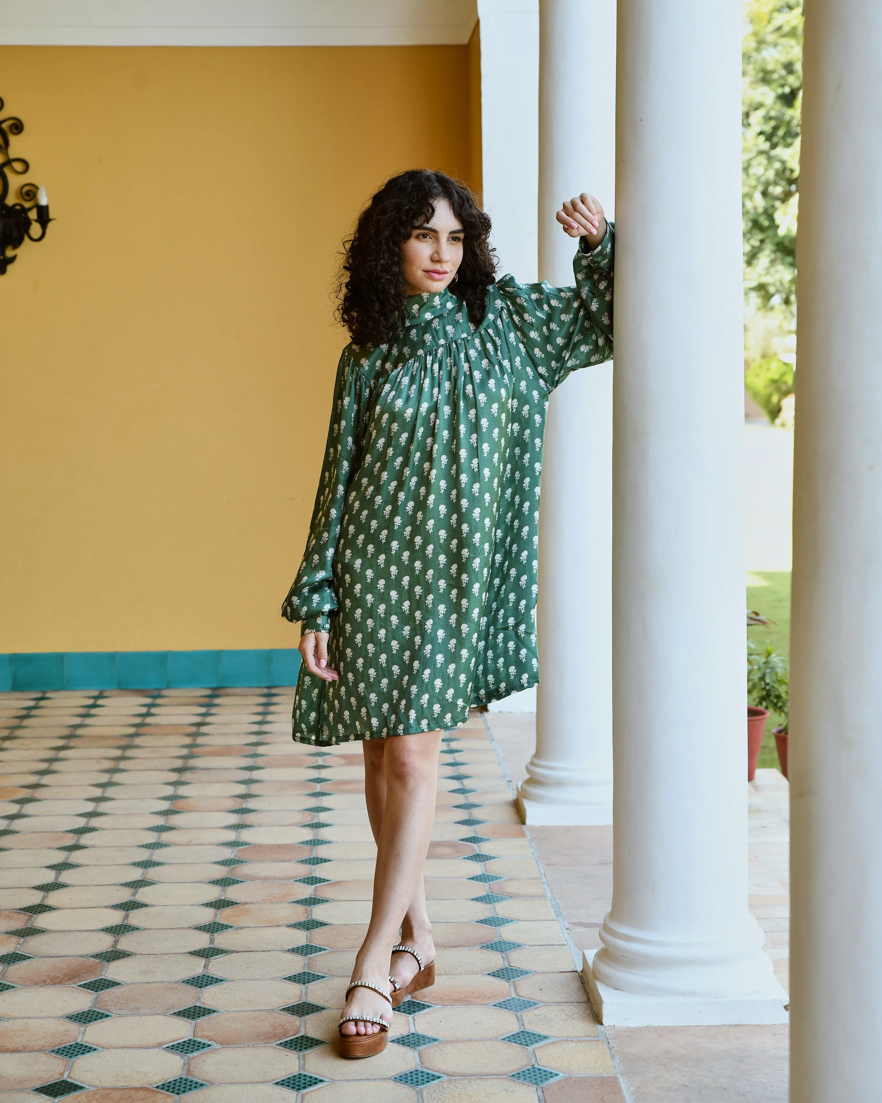 MAGNOLIA GREEN PRINTED TURTLENECK DRESS