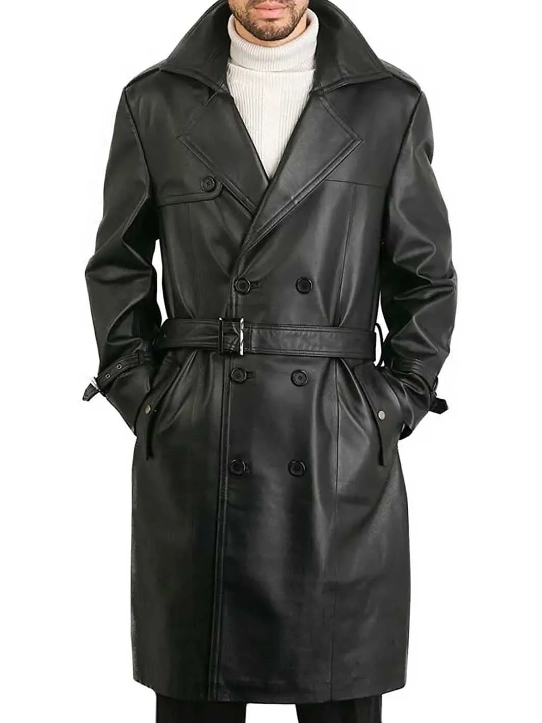 Mens Belted Double Breasted Black Leather Trench Coat