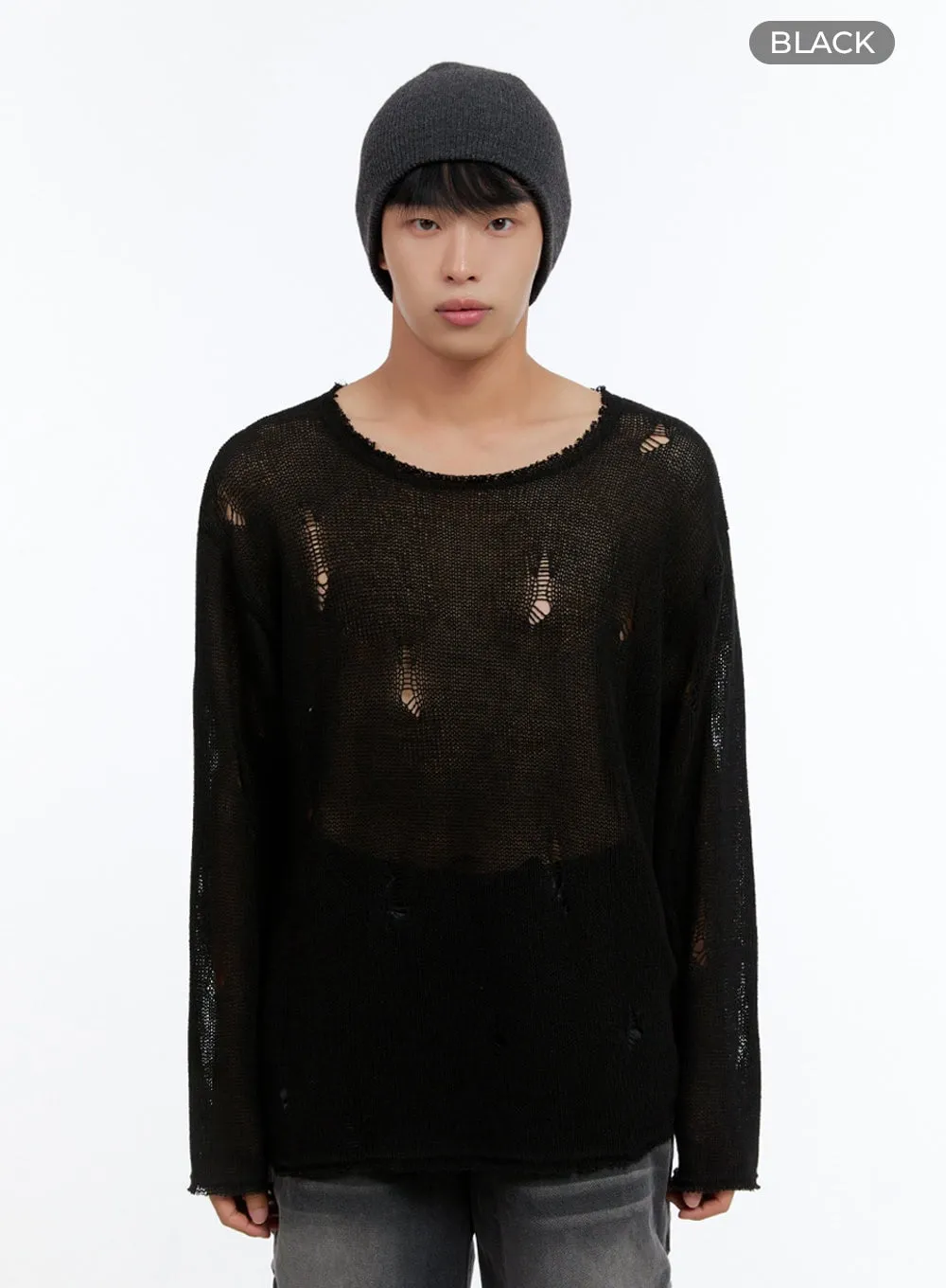 Men's Sheer Distressed Knit Top IS412