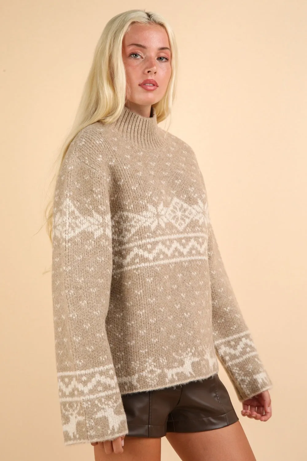 Mocha Christmas Element Mock Neck Long Sleeve Sweater