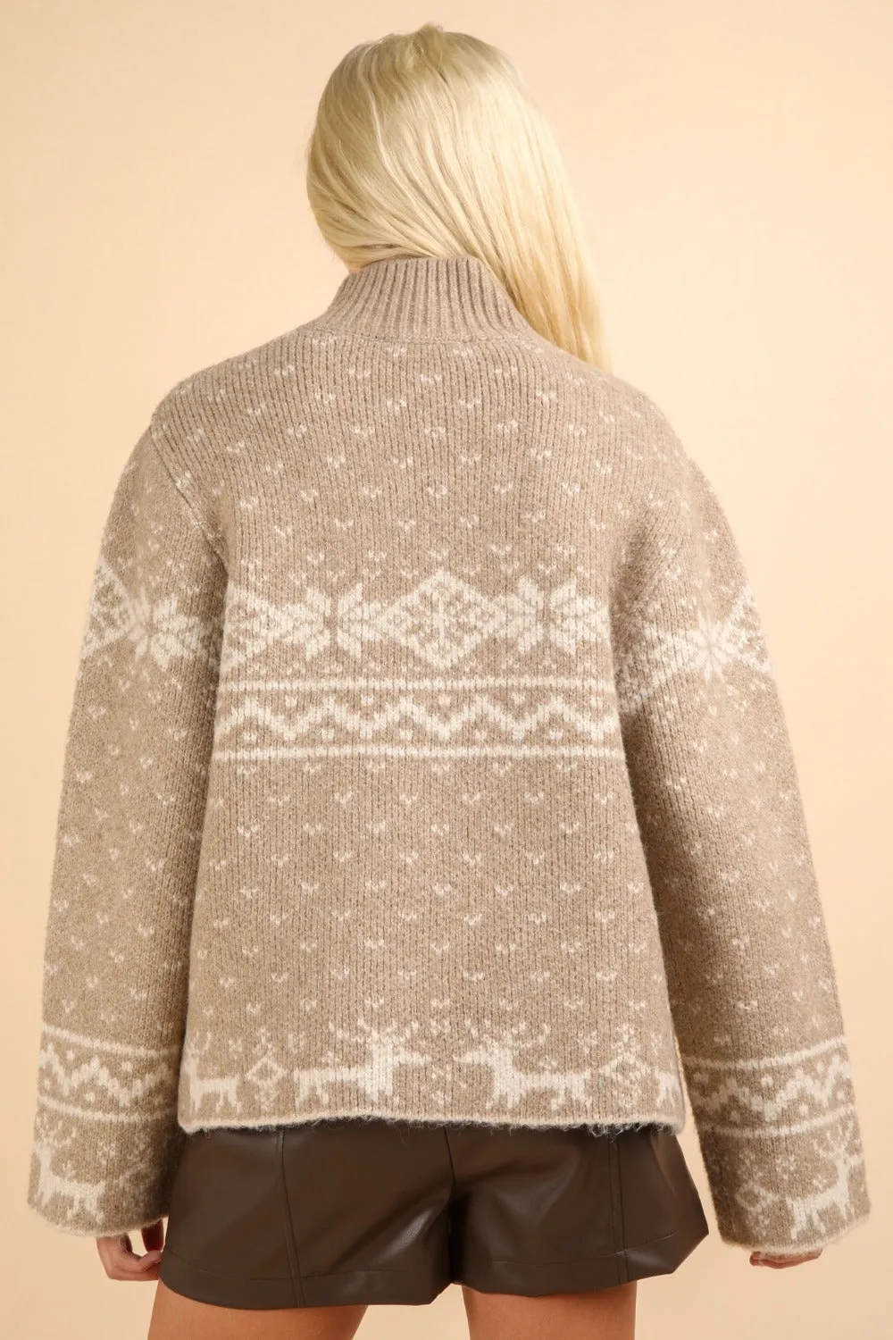 Mocha Christmas Element Mock Neck Long Sleeve Sweater