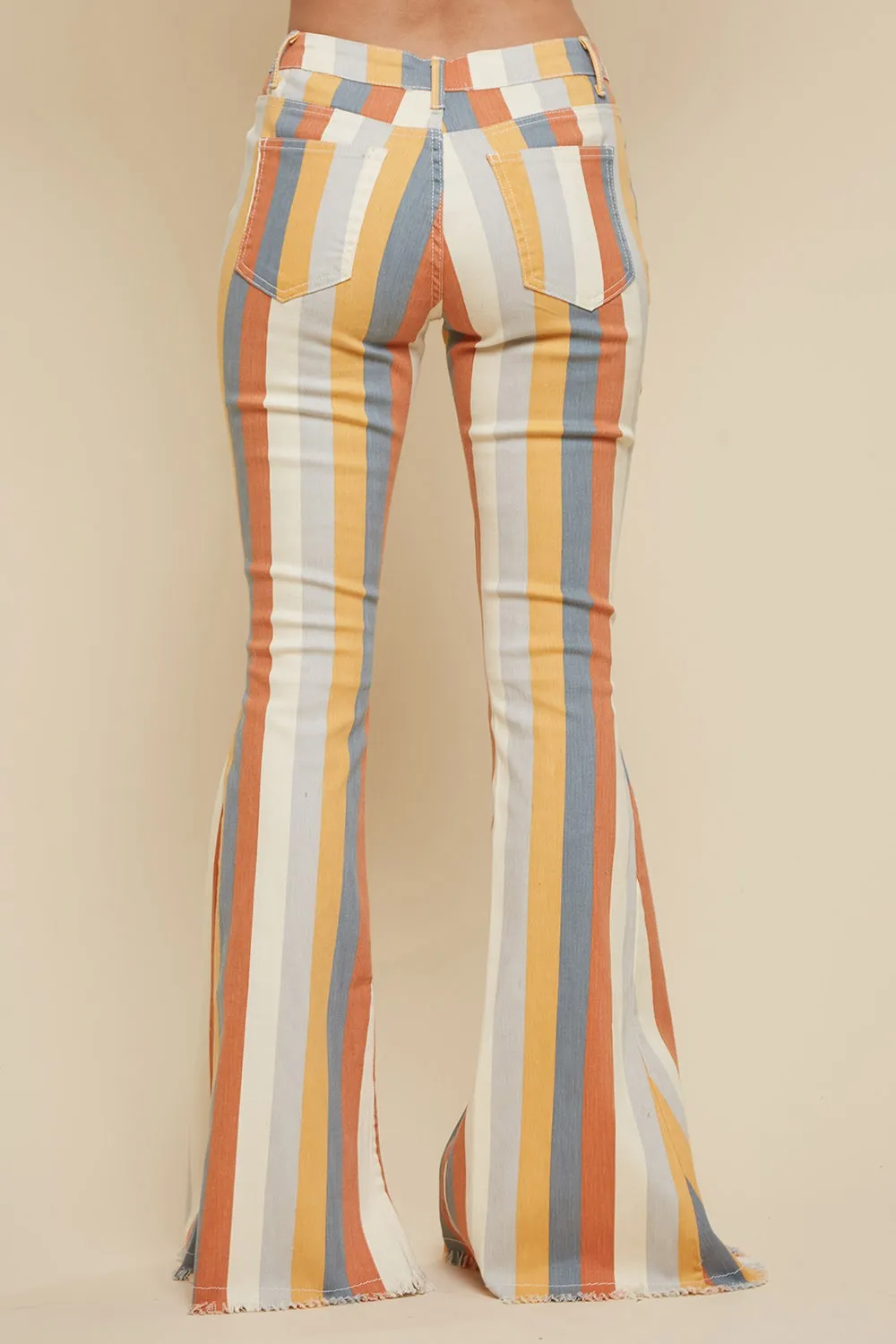 MULTI STRIPE DISTRESSED DENIM FLARED PANTS