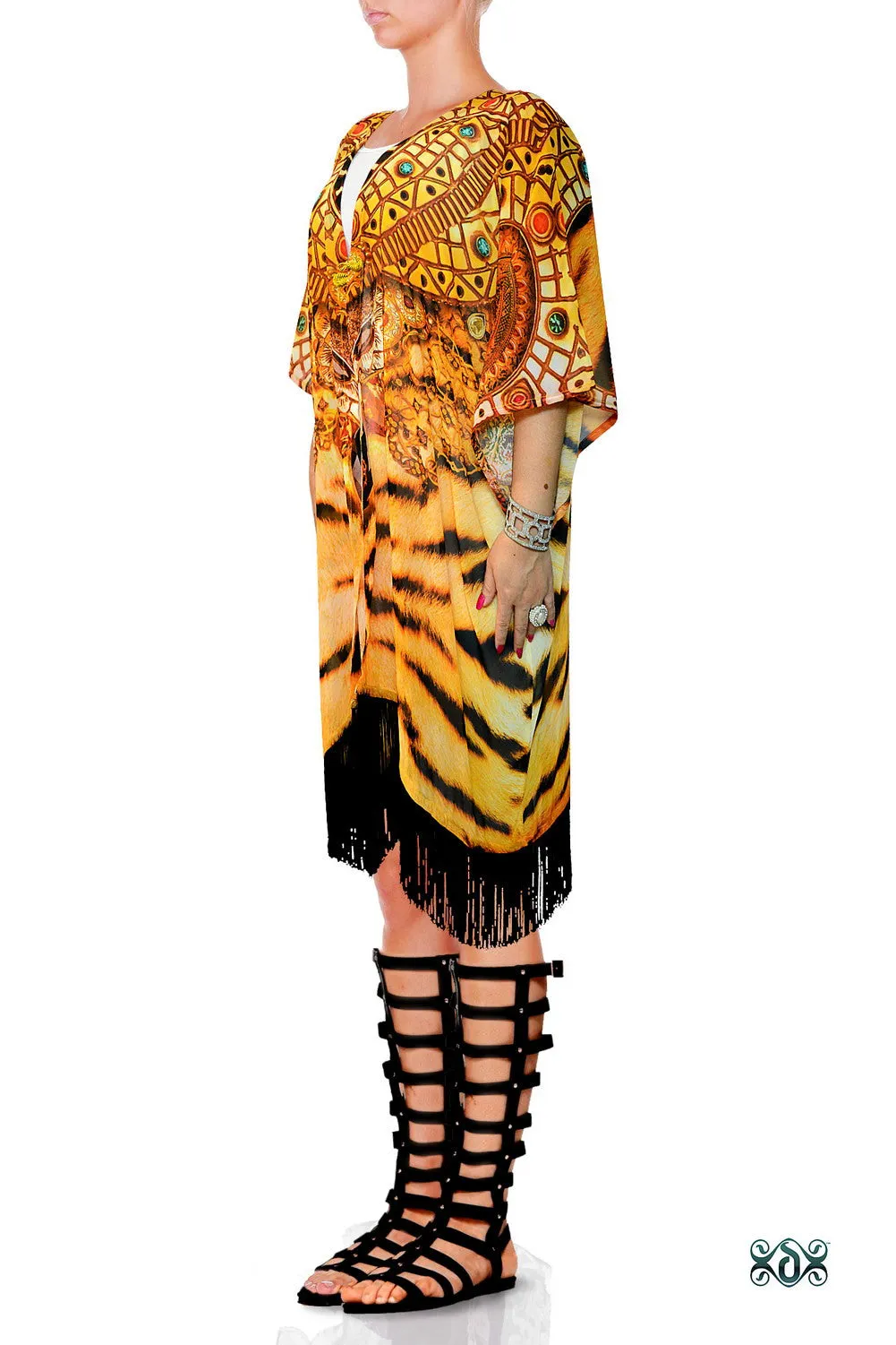 NATURE MORTE Luxury Tiger Print Devarshy Georgette Short Kimono Jacket - 0012