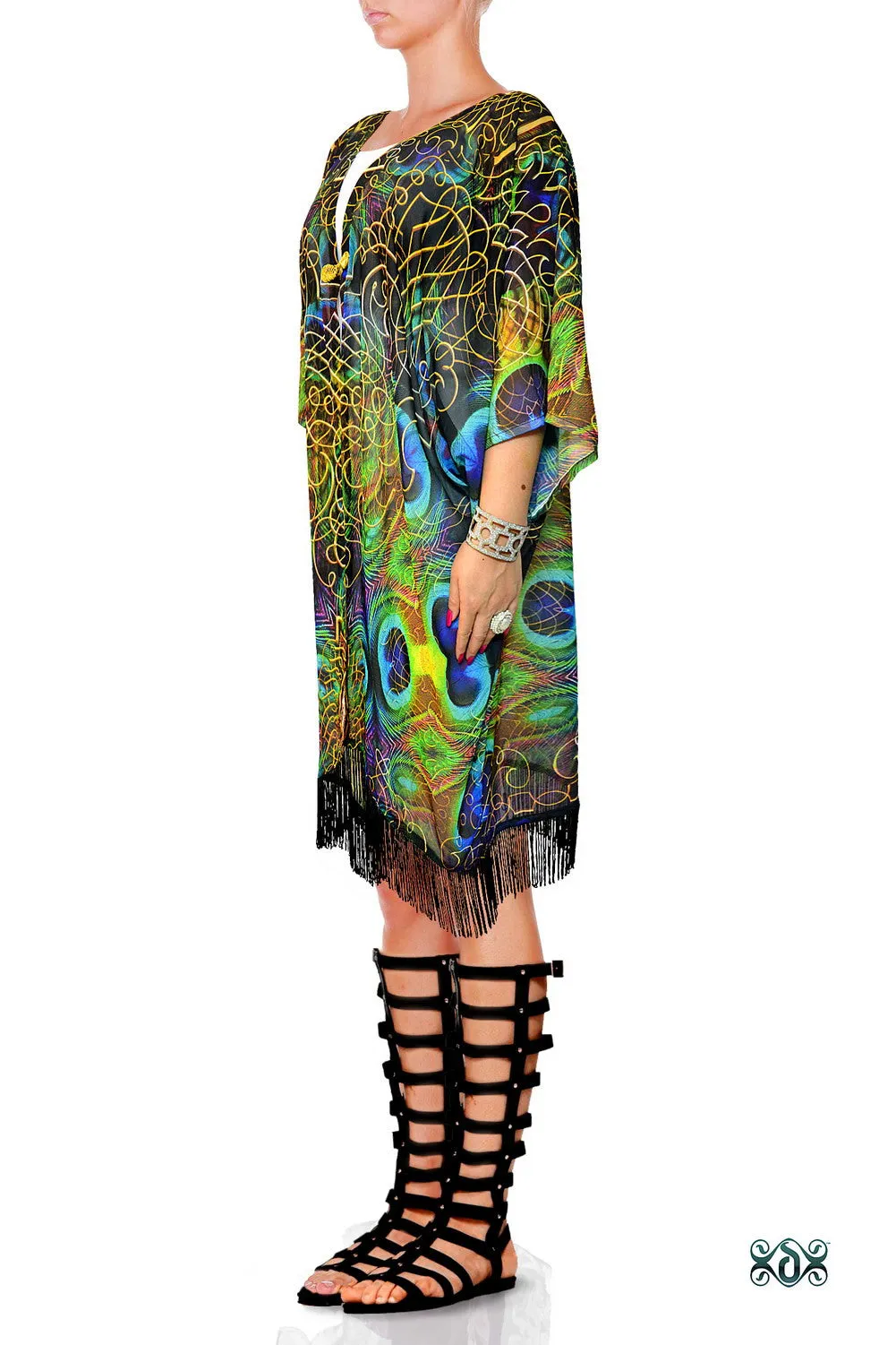 NATURE MORTE Peacock Ornate Devarshy Georgette Short Kimono Jacket - 1035B