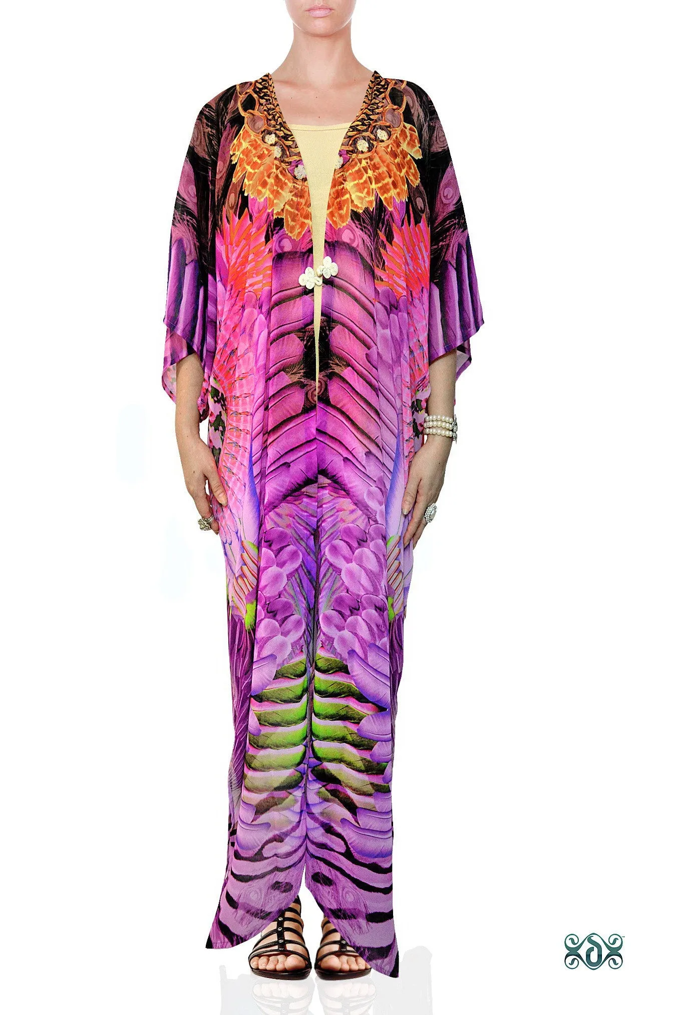 NATURE MORTE Purple Feathers Printed Devarshy Long Georgette Kimono Jacket - 1075B