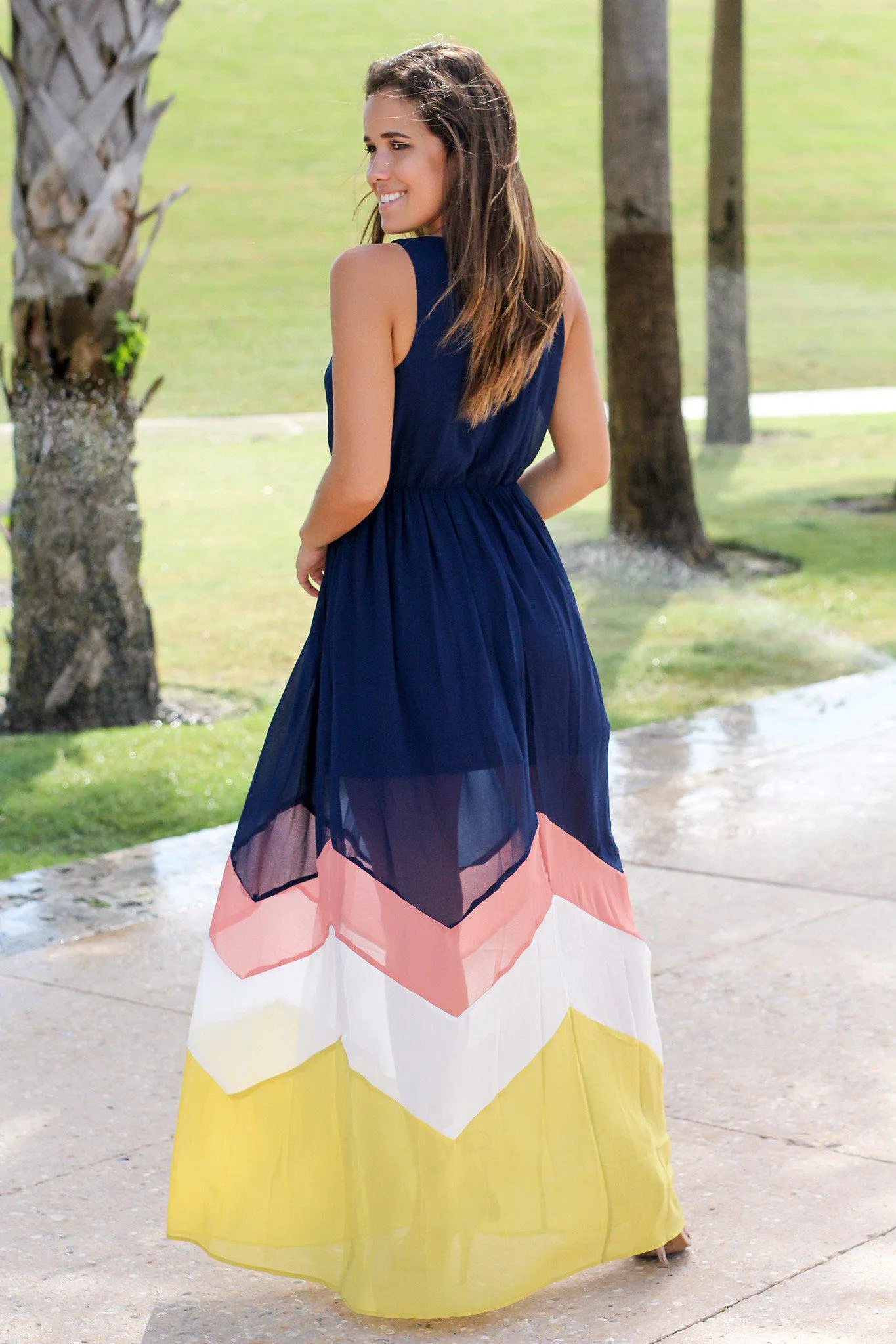 Navy and Yellow Chevron Maxi Dress