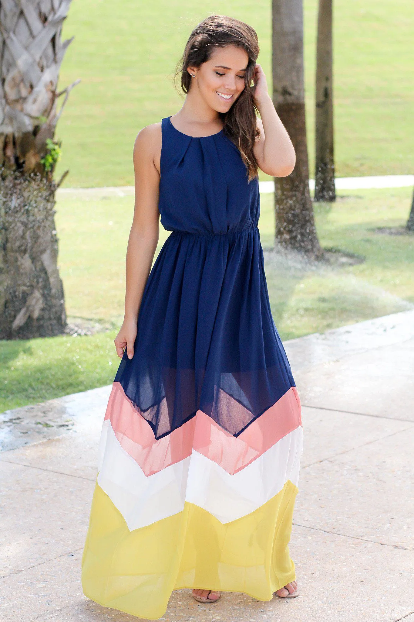 Navy and Yellow Chevron Maxi Dress