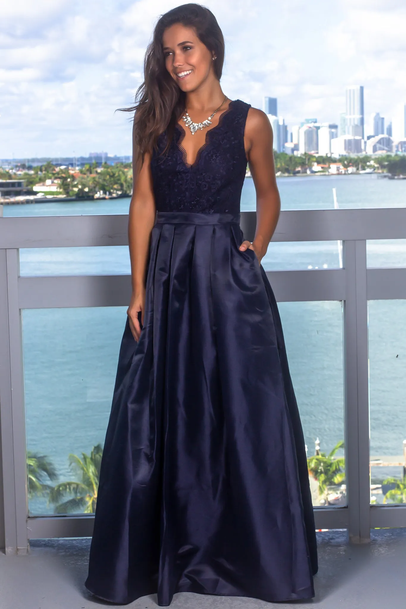 Navy Maxi Dress with Scalloped V-Neck