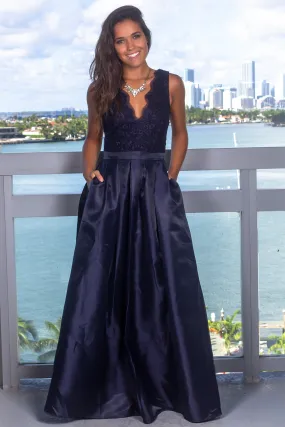 Navy Maxi Dress with Scalloped V-Neck