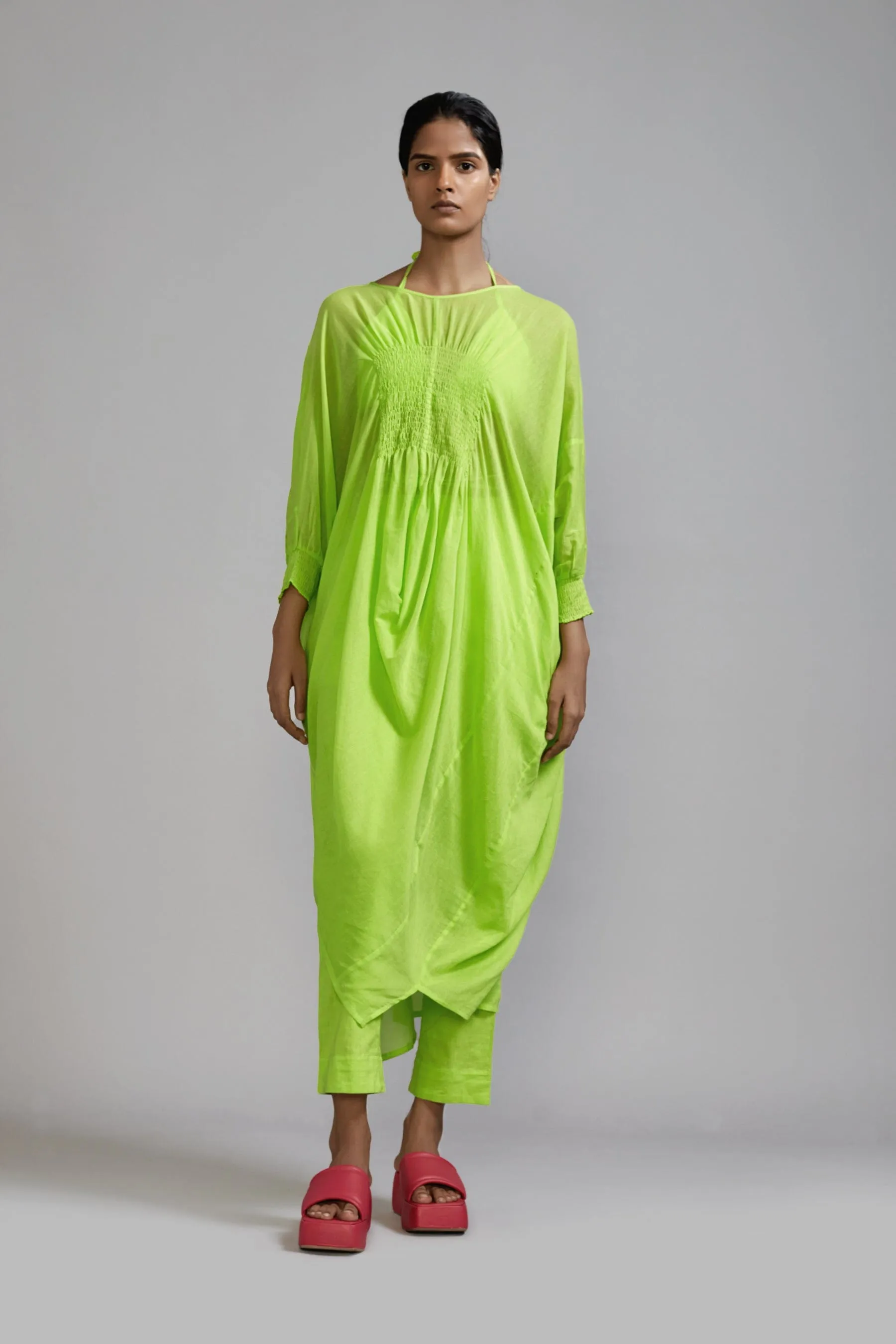 Neon Green Smocked Cowl Tunic Set (3 PCS)