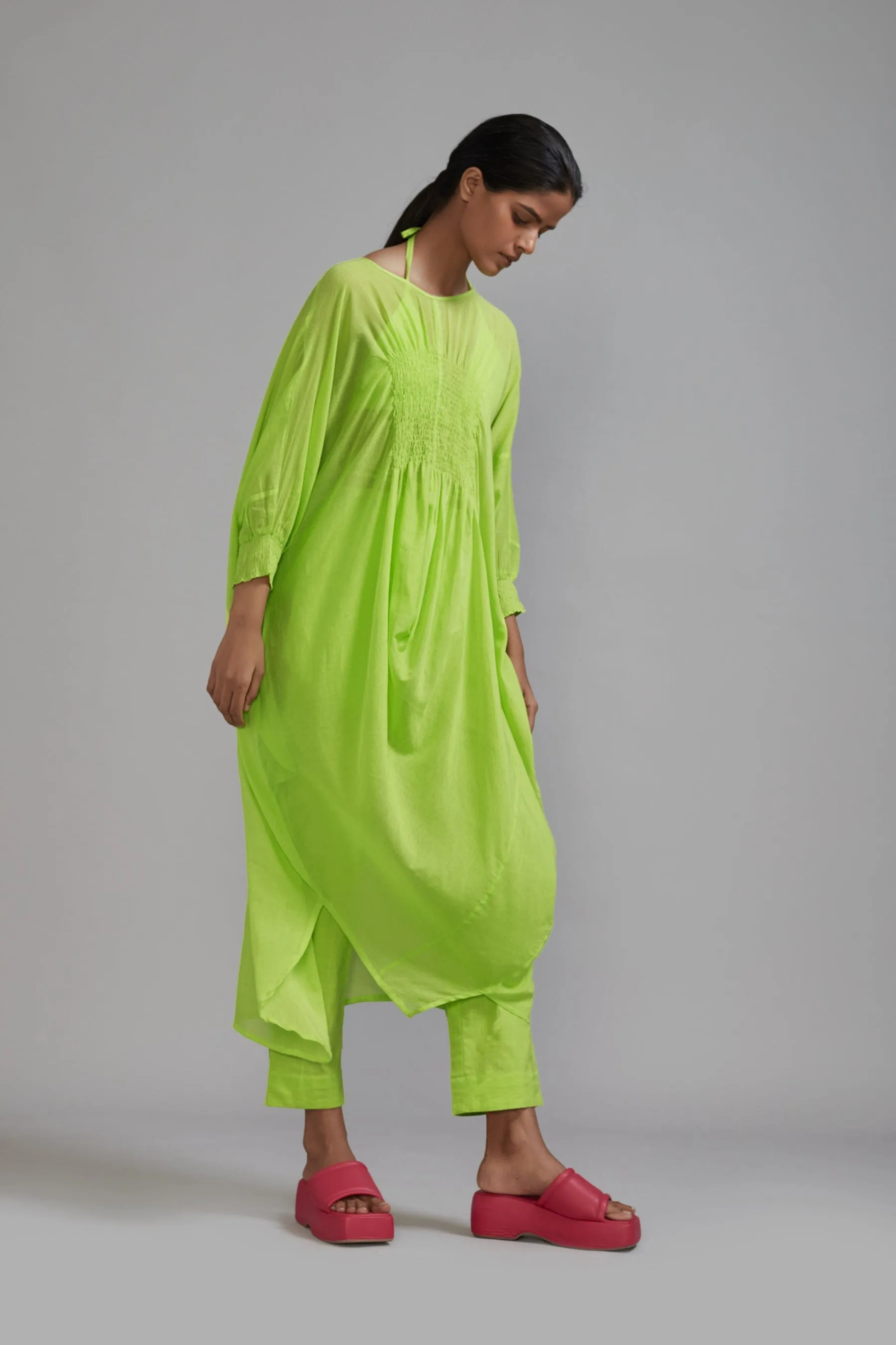 Neon Green Smocked Cowl Tunic Set (3 PCS)