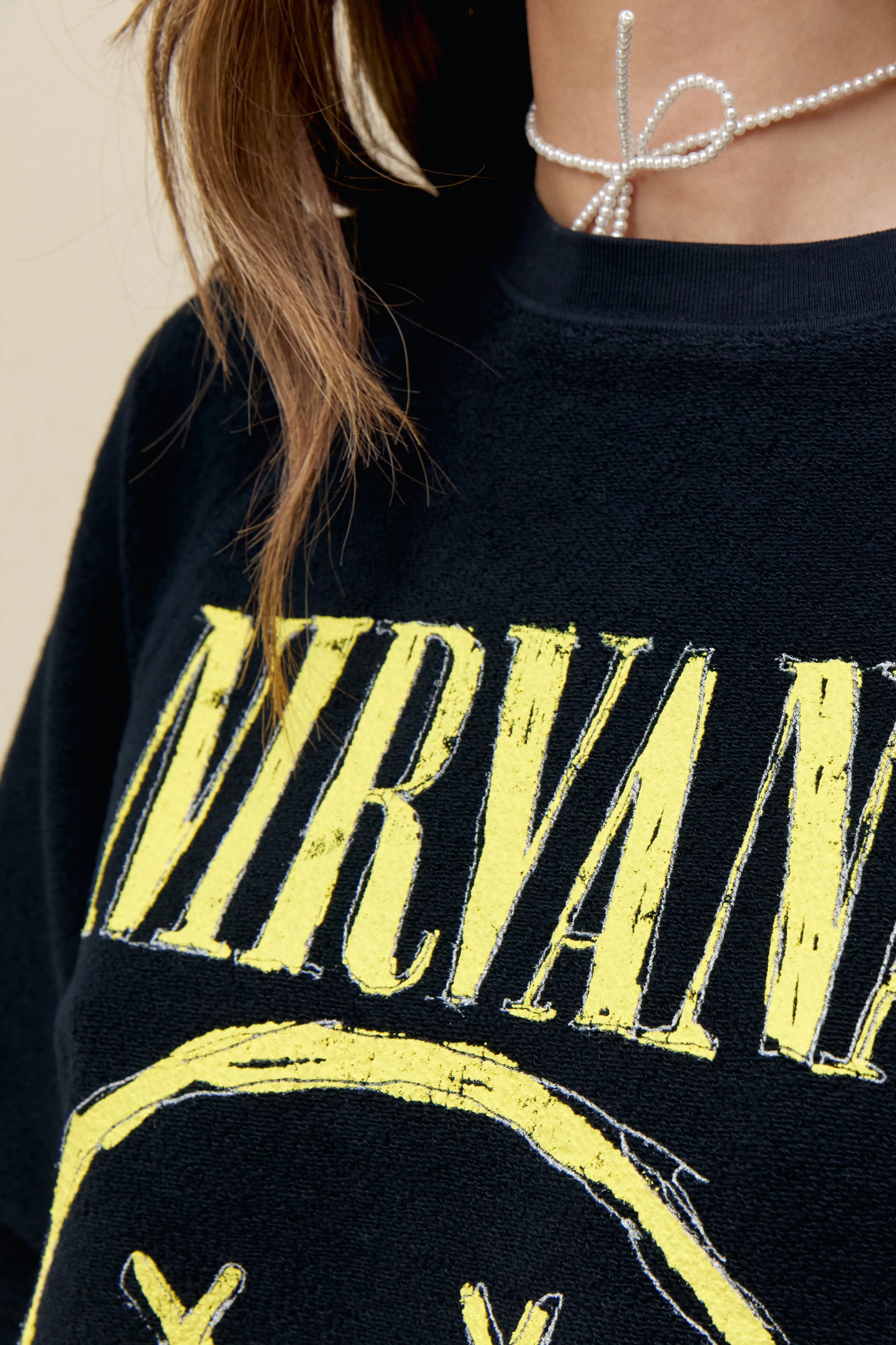 Nirvana Smiley Reverse Raglan Crew in Black Onyx