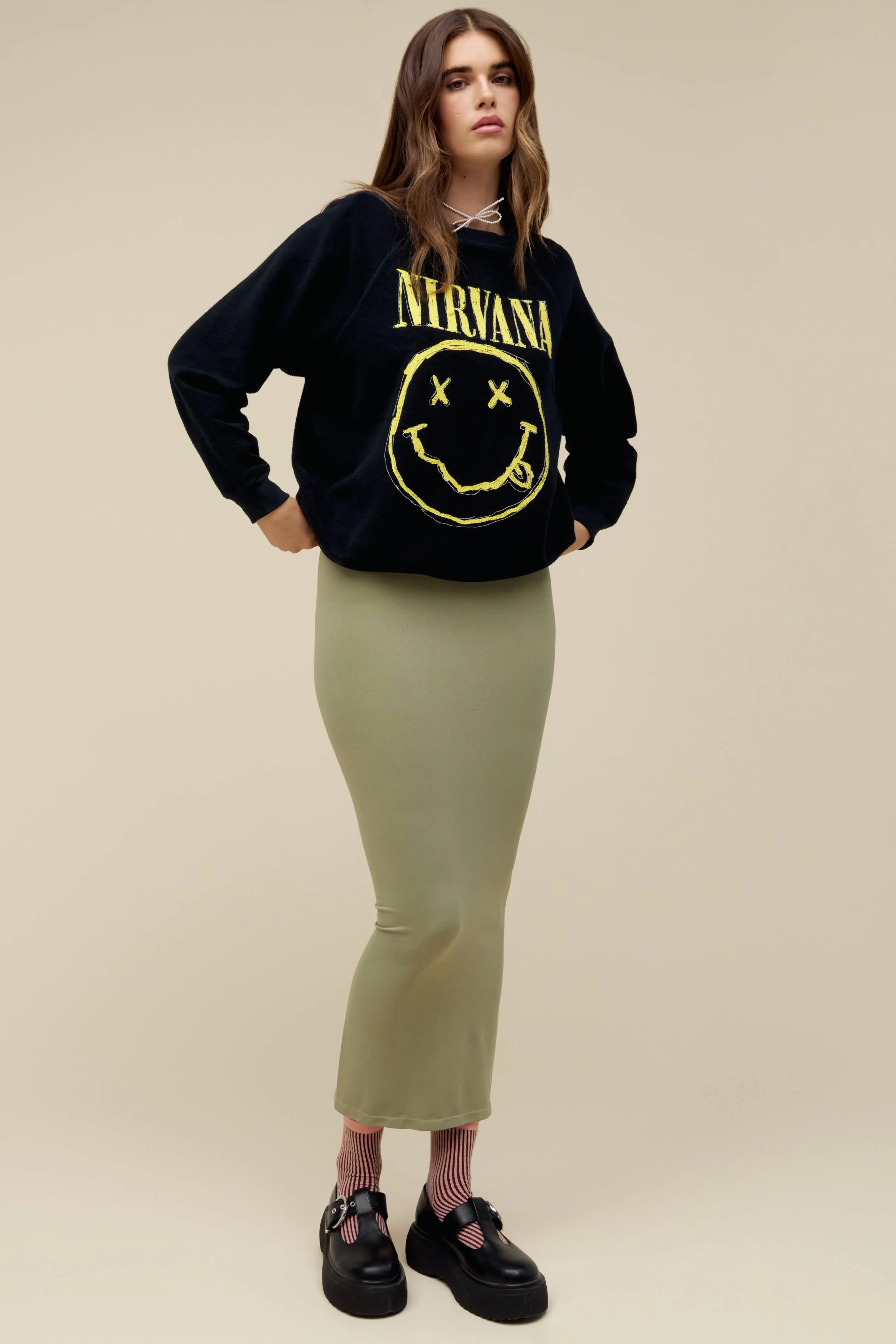 Nirvana Smiley Reverse Raglan Crew in Black Onyx