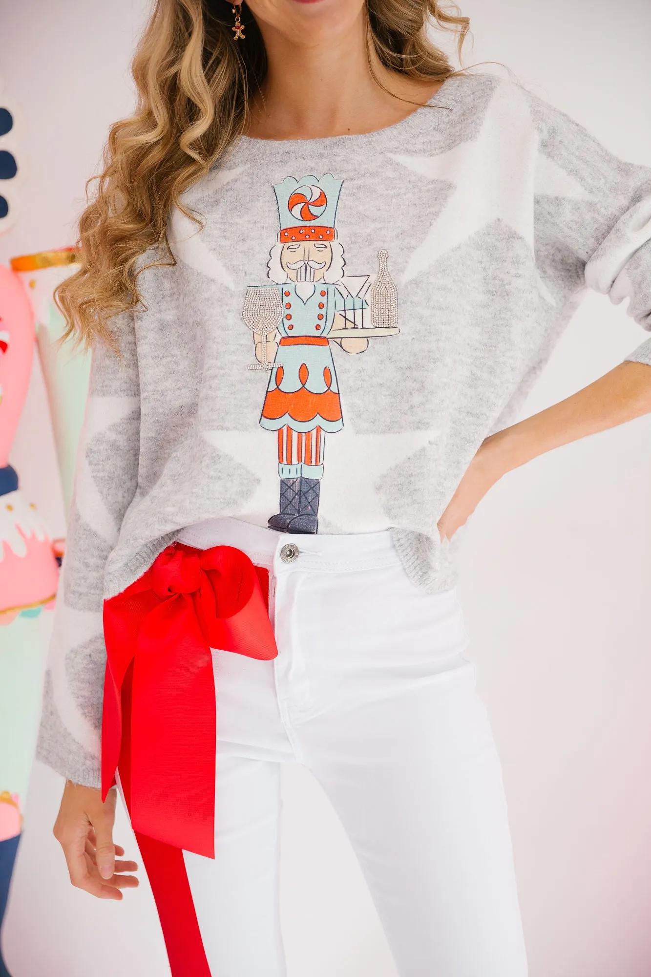 NUTCRACKER CHEERS GREY STAR SWEATER