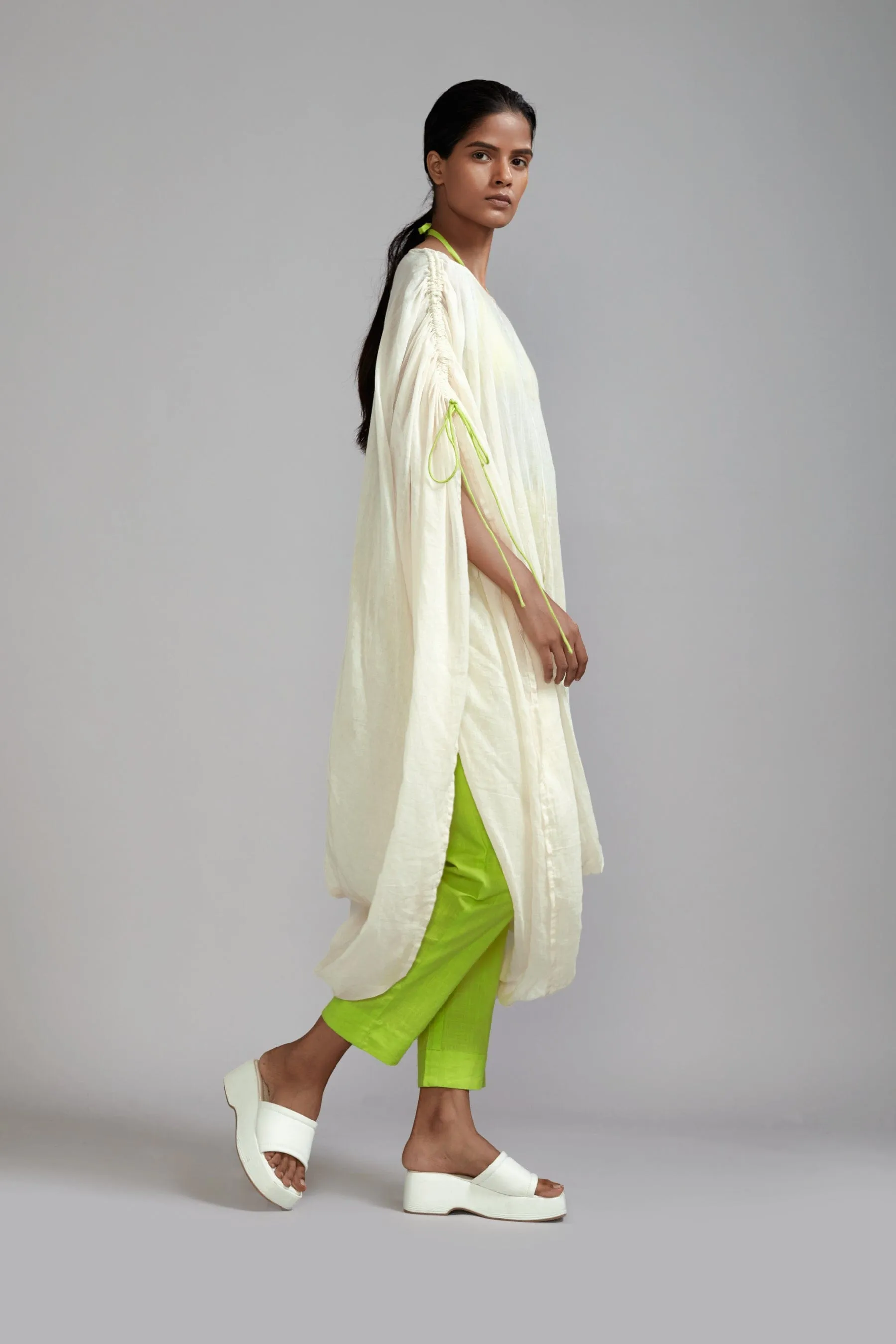 Off-White with Neon Green Gathered Cowl Tunic (Ready to Ship)