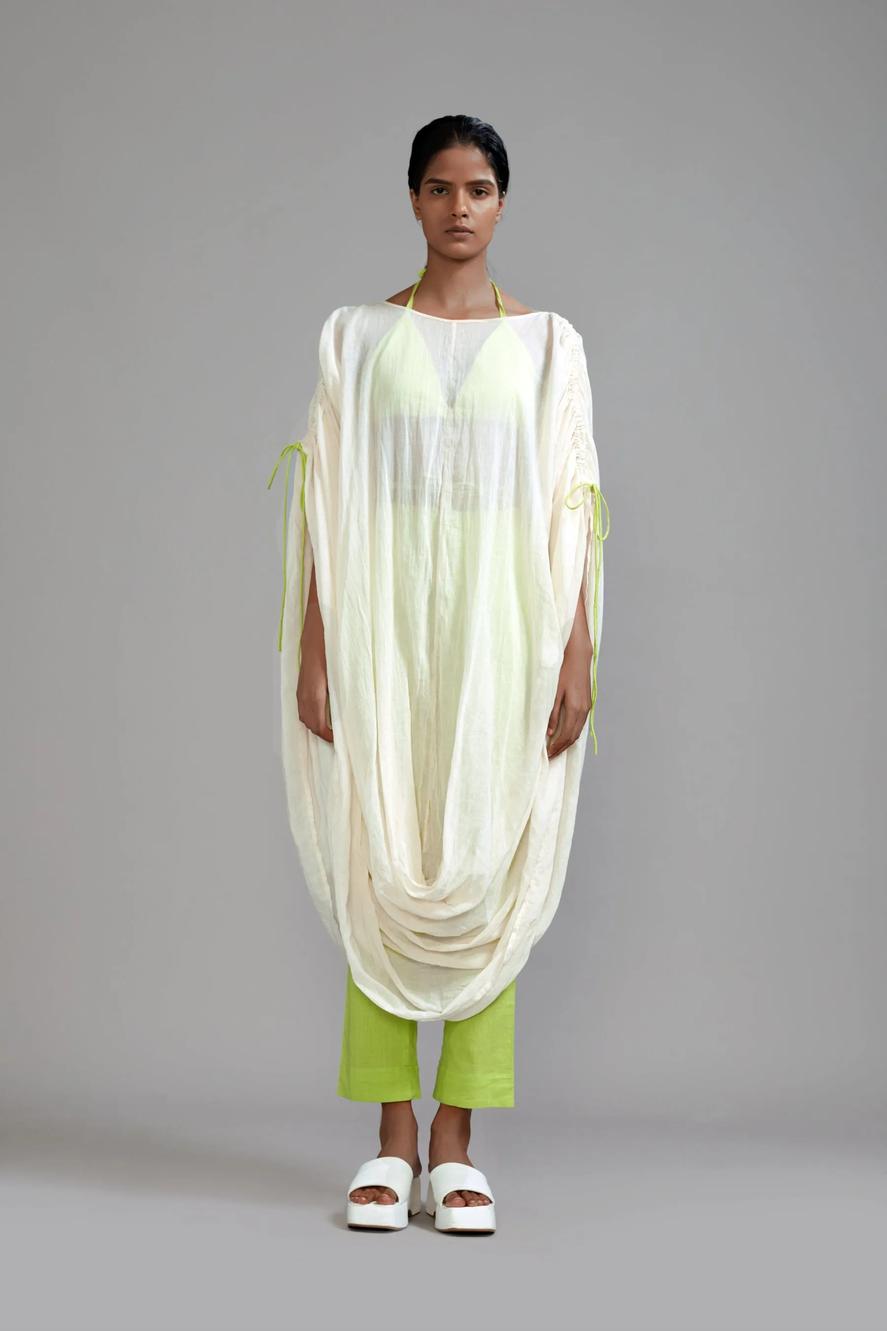 Off-White with Neon Green Gathered Cowl Tunic (Ready to Ship)