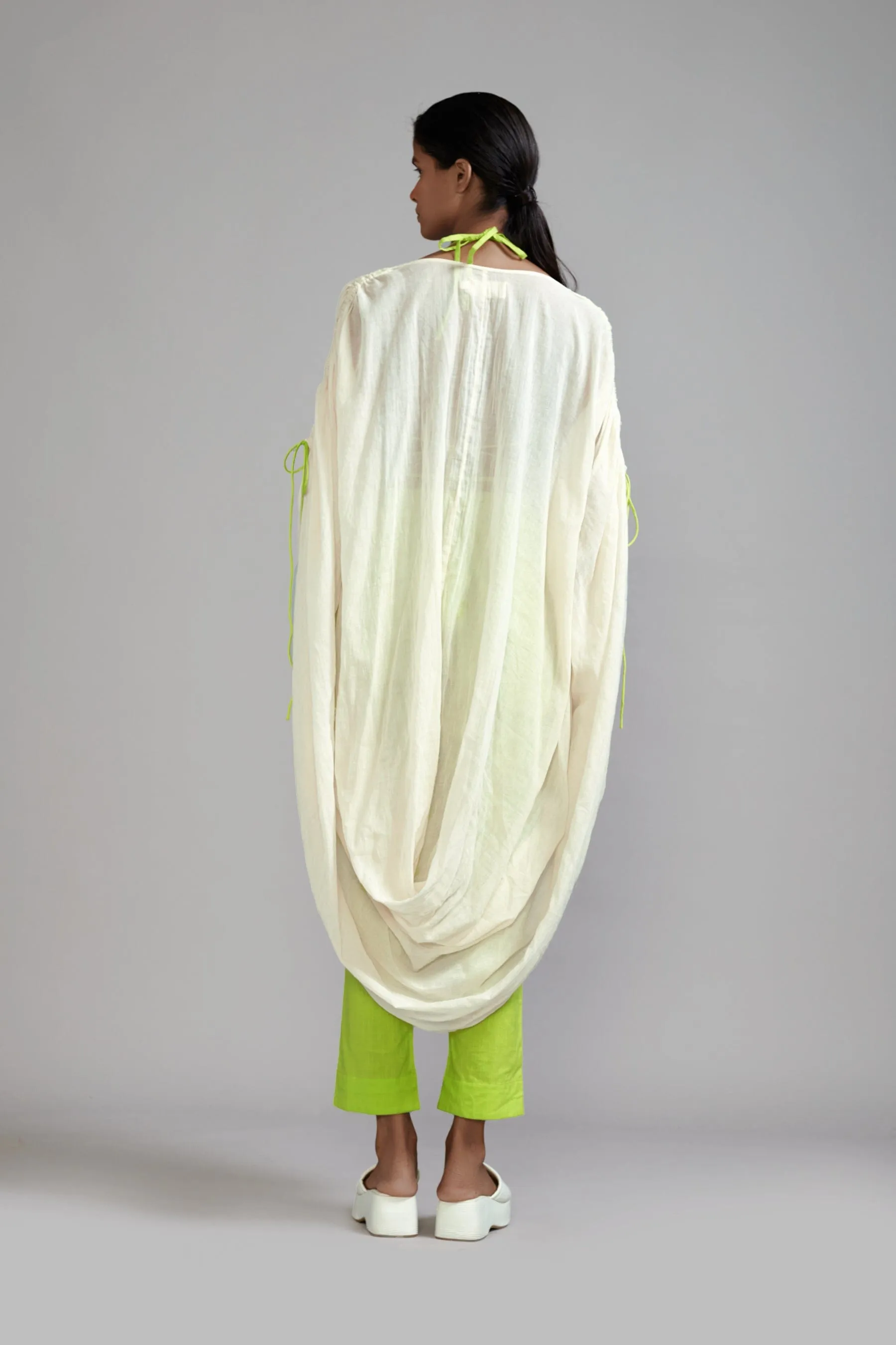 Off-White with Neon Green Gathered Cowl Tunic (Ready to Ship)