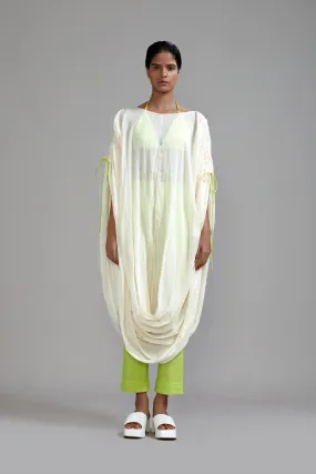 Off-White with Neon Green Gathered Cowl Tunic Set (3 PCS)