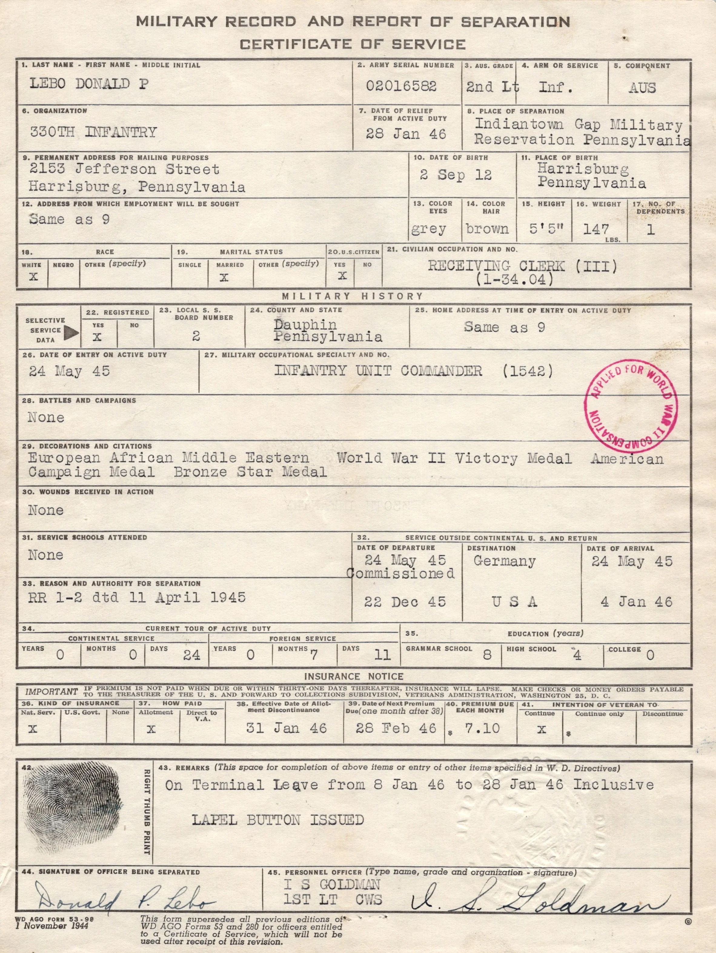 Original U.S. WWII 330th Infantry Regiment 83rd Division Infantry Platoon Leader’s “Untouched” Trunk Grouping - Lt. Donald Lebo