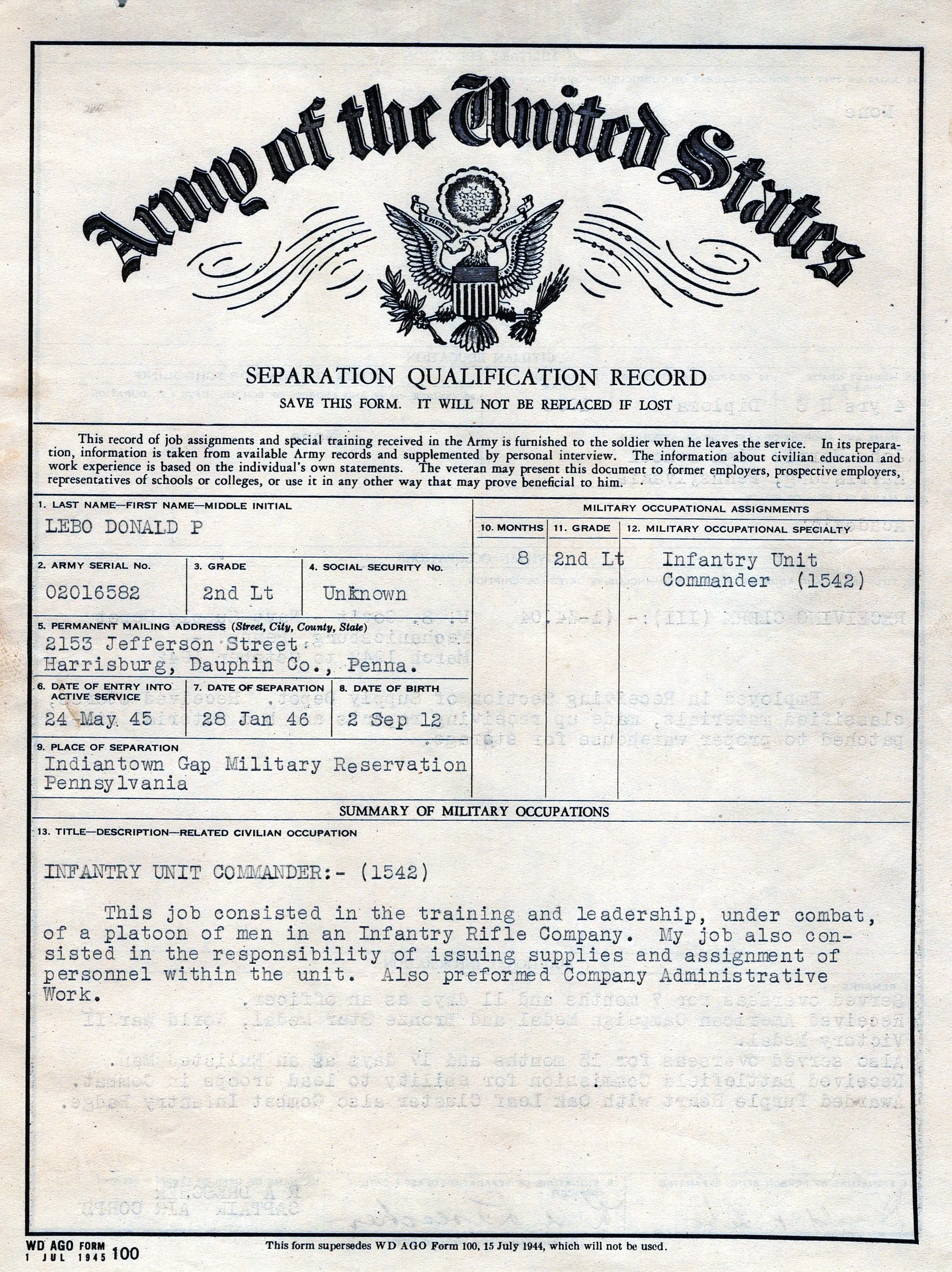 Original U.S. WWII 330th Infantry Regiment 83rd Division Infantry Platoon Leader’s “Untouched” Trunk Grouping - Lt. Donald Lebo