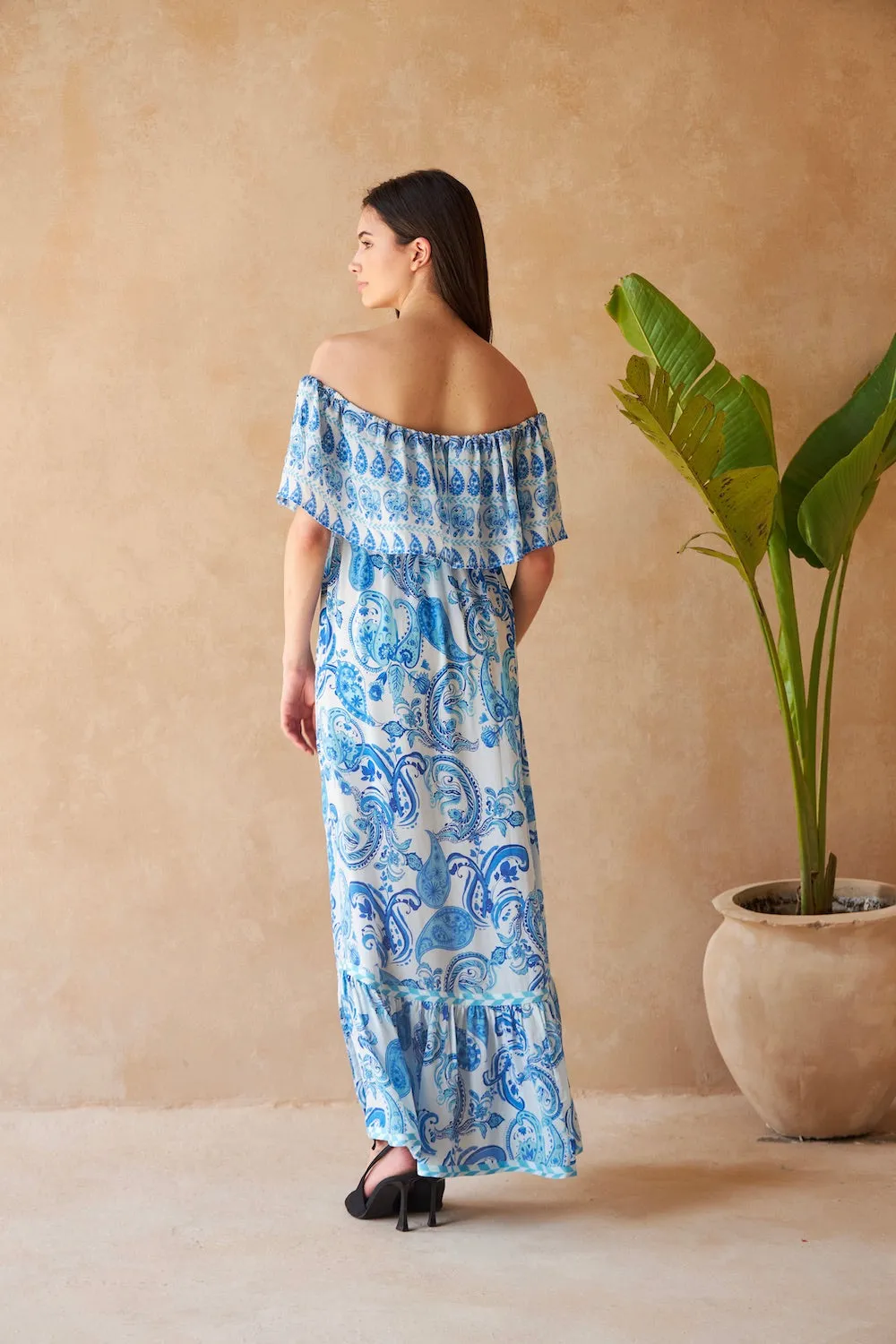 Paisley Azure Blossom Silk Maxi Dress