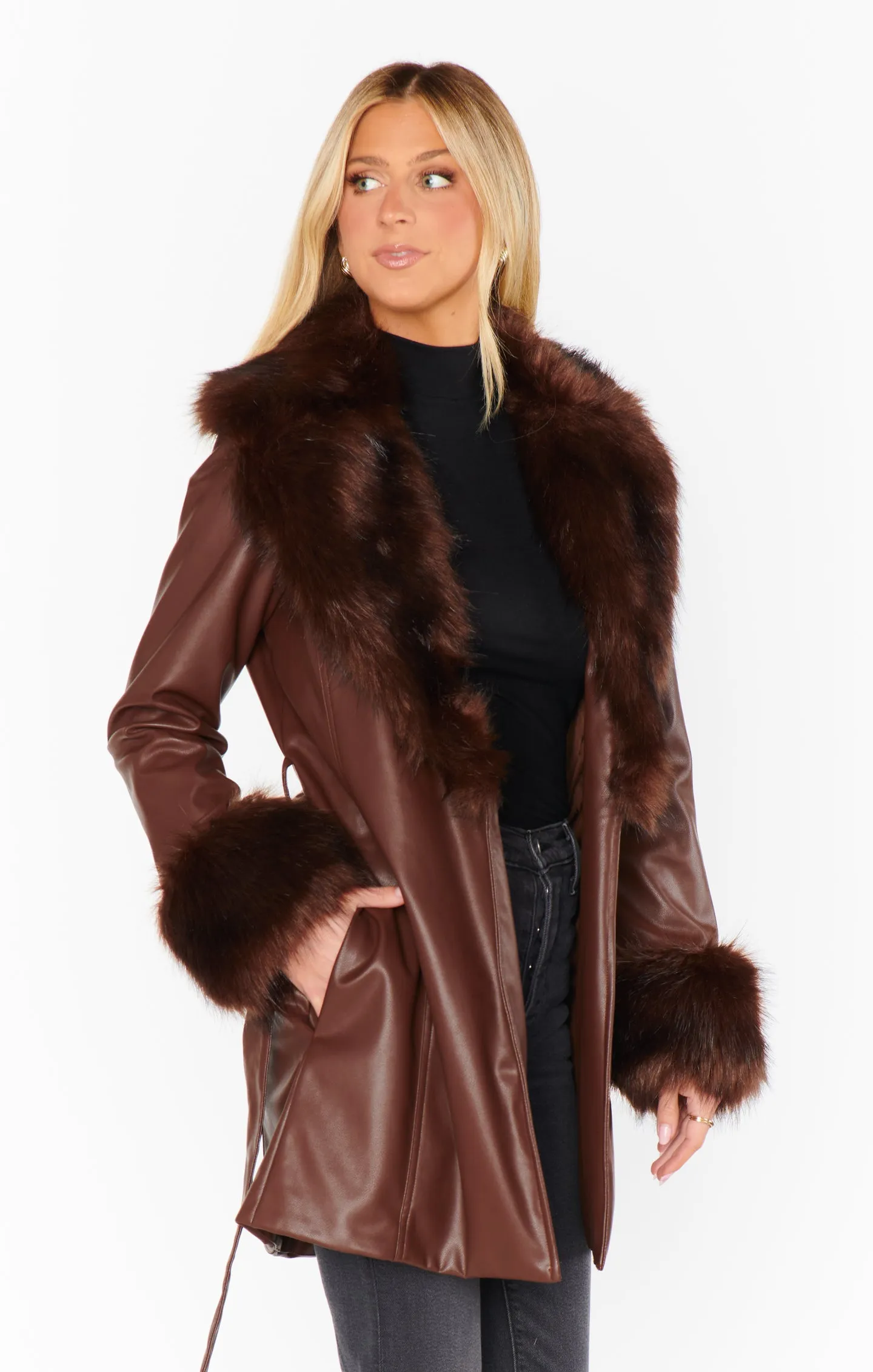 Penny Lane Coat ~ Cocoa Faux Leather with Faux Fur