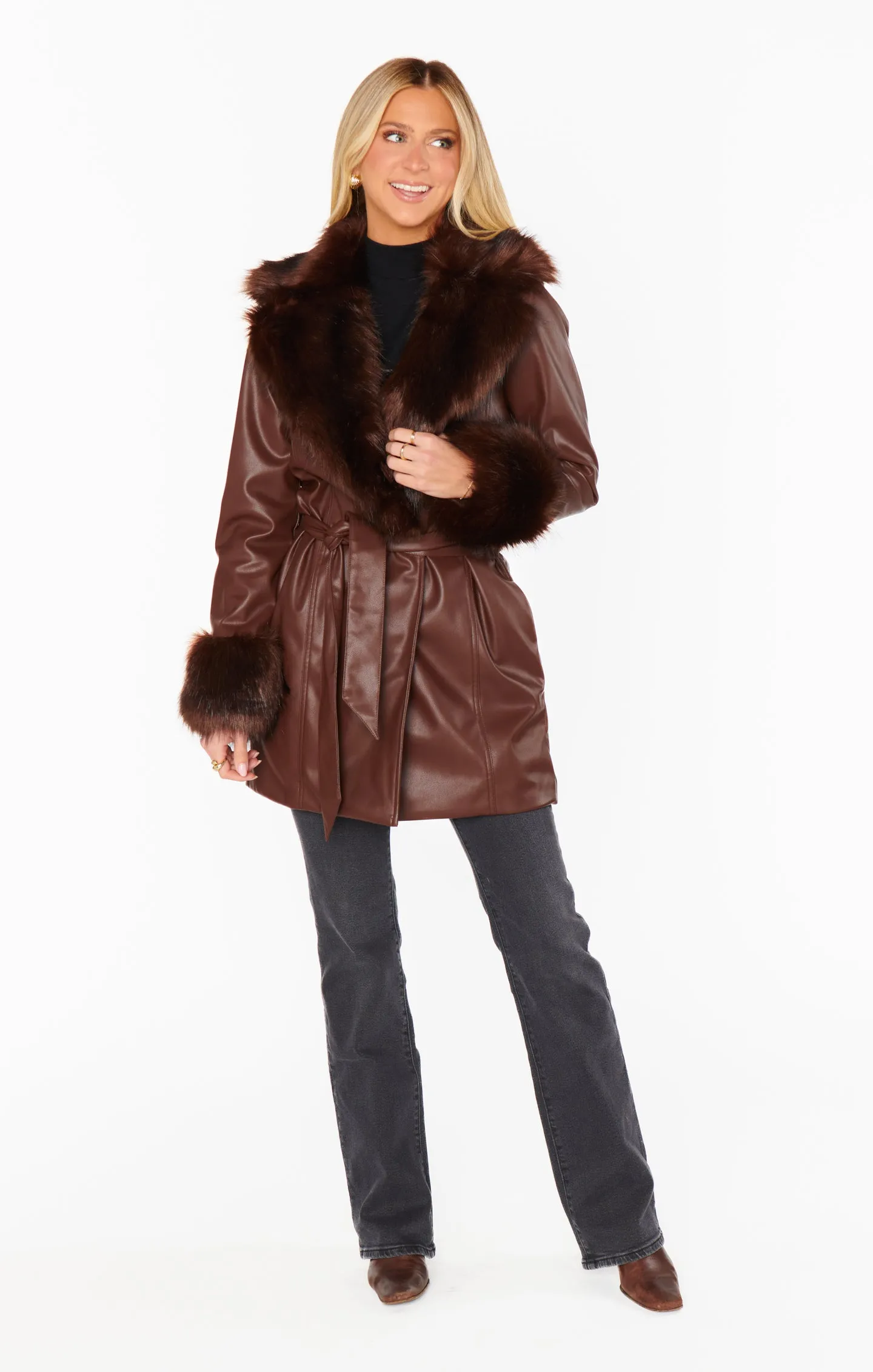 Penny Lane Coat ~ Cocoa Faux Leather with Faux Fur