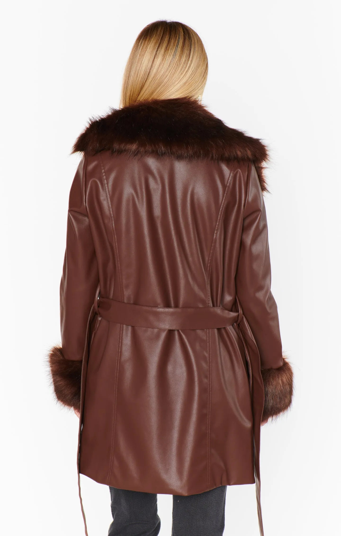 Penny Lane Coat ~ Cocoa Faux Leather with Faux Fur