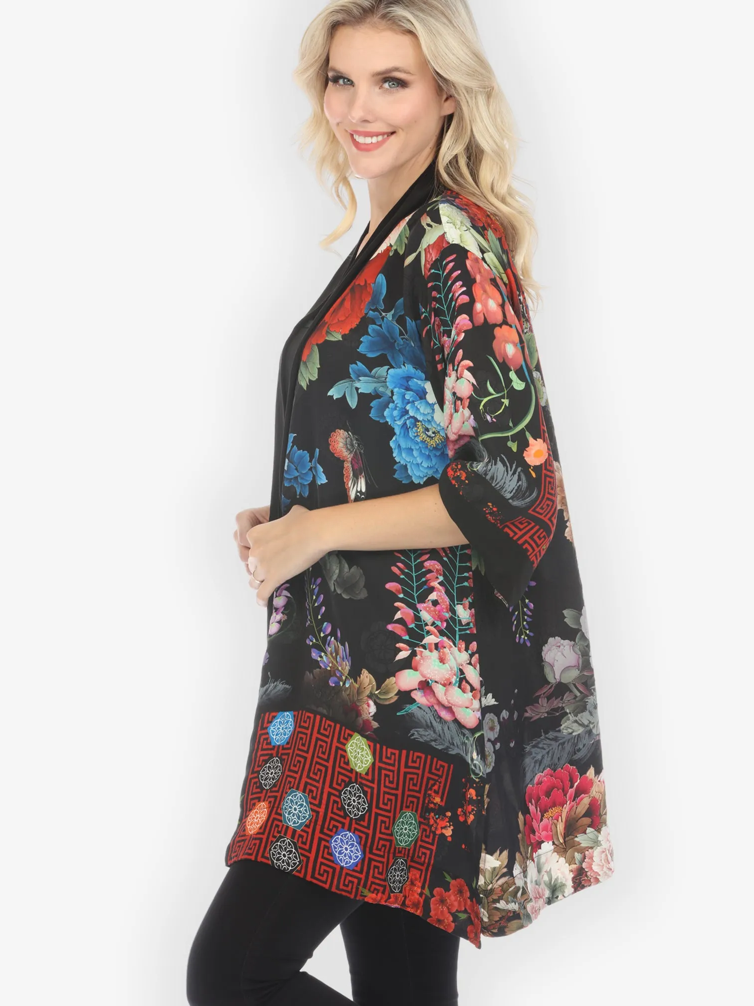 Peony Crest Border Silk Kimono Jacket