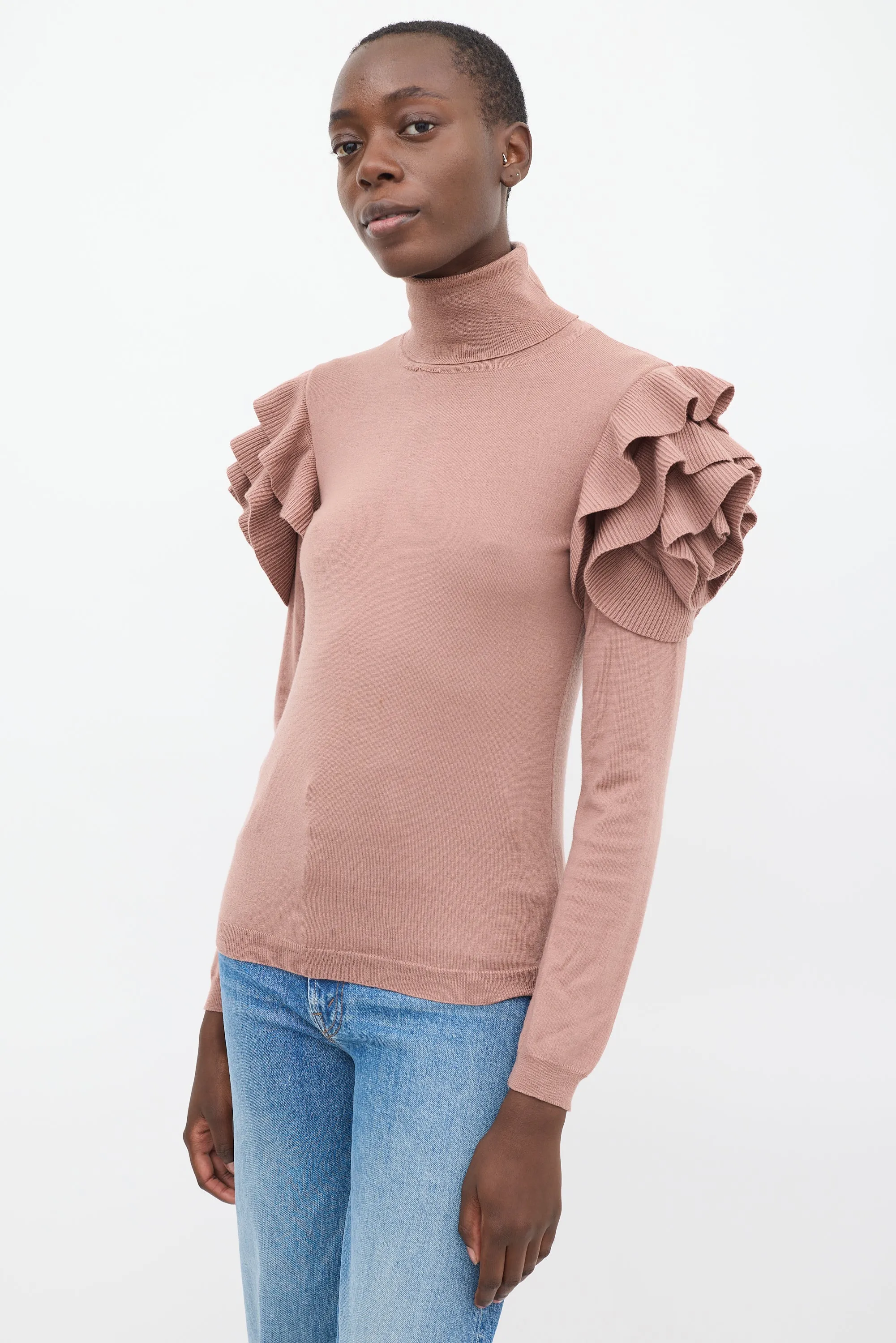 Pink Wool Ruffled Shoulder Turtleneck Top