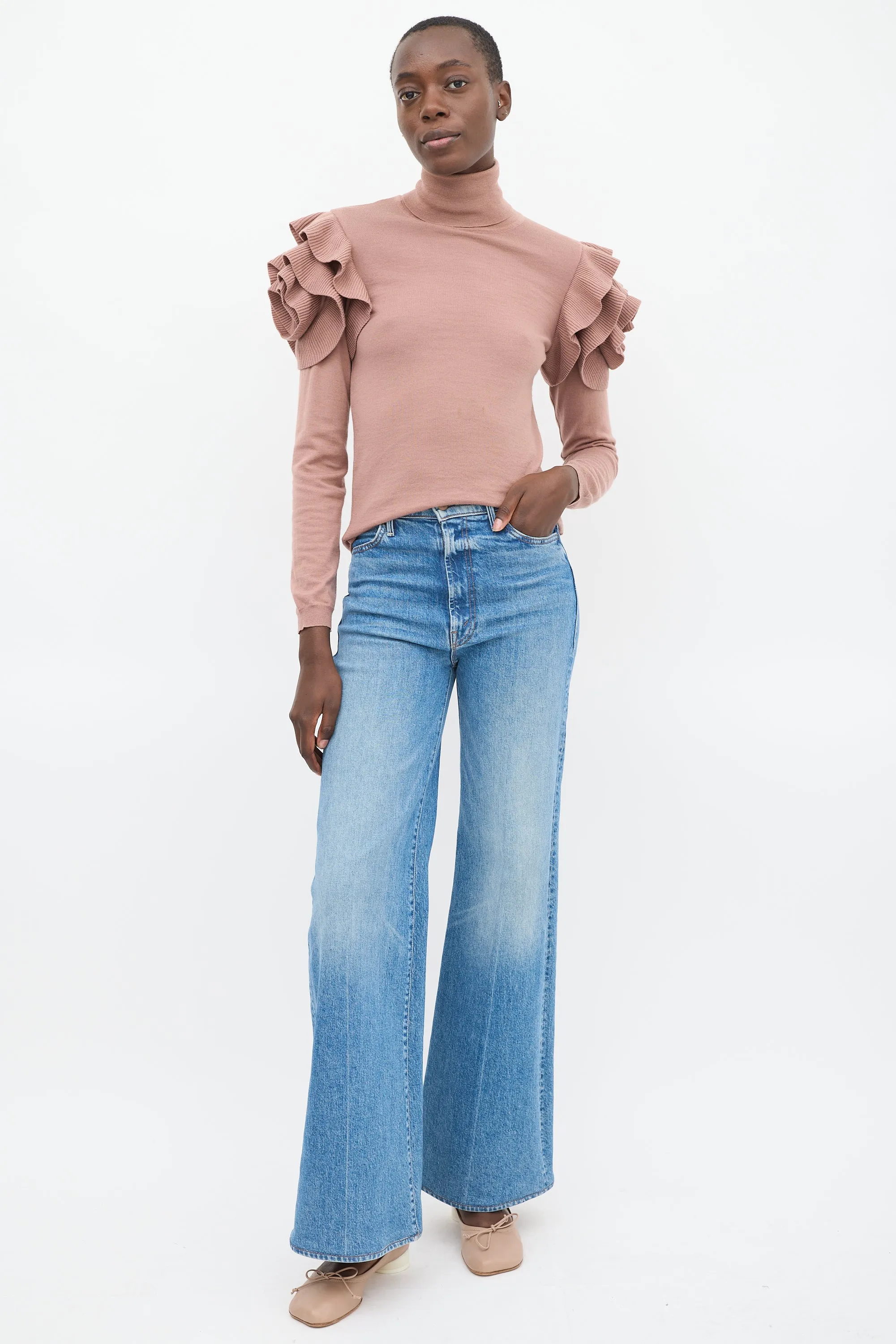 Pink Wool Ruffled Shoulder Turtleneck Top