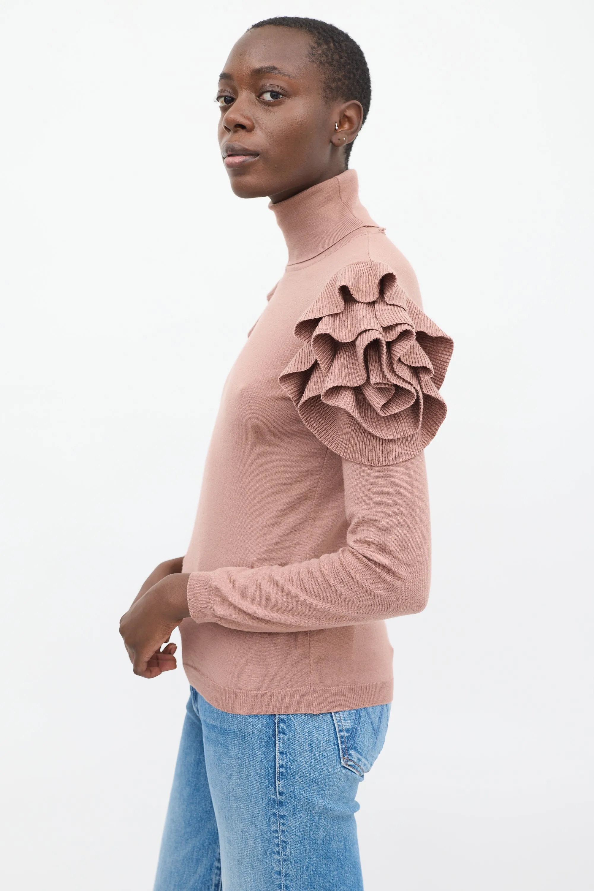 Pink Wool Ruffled Shoulder Turtleneck Top