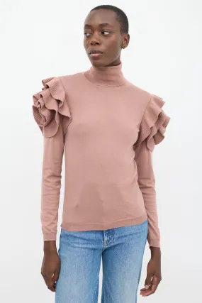 Pink Wool Ruffled Shoulder Turtleneck Top