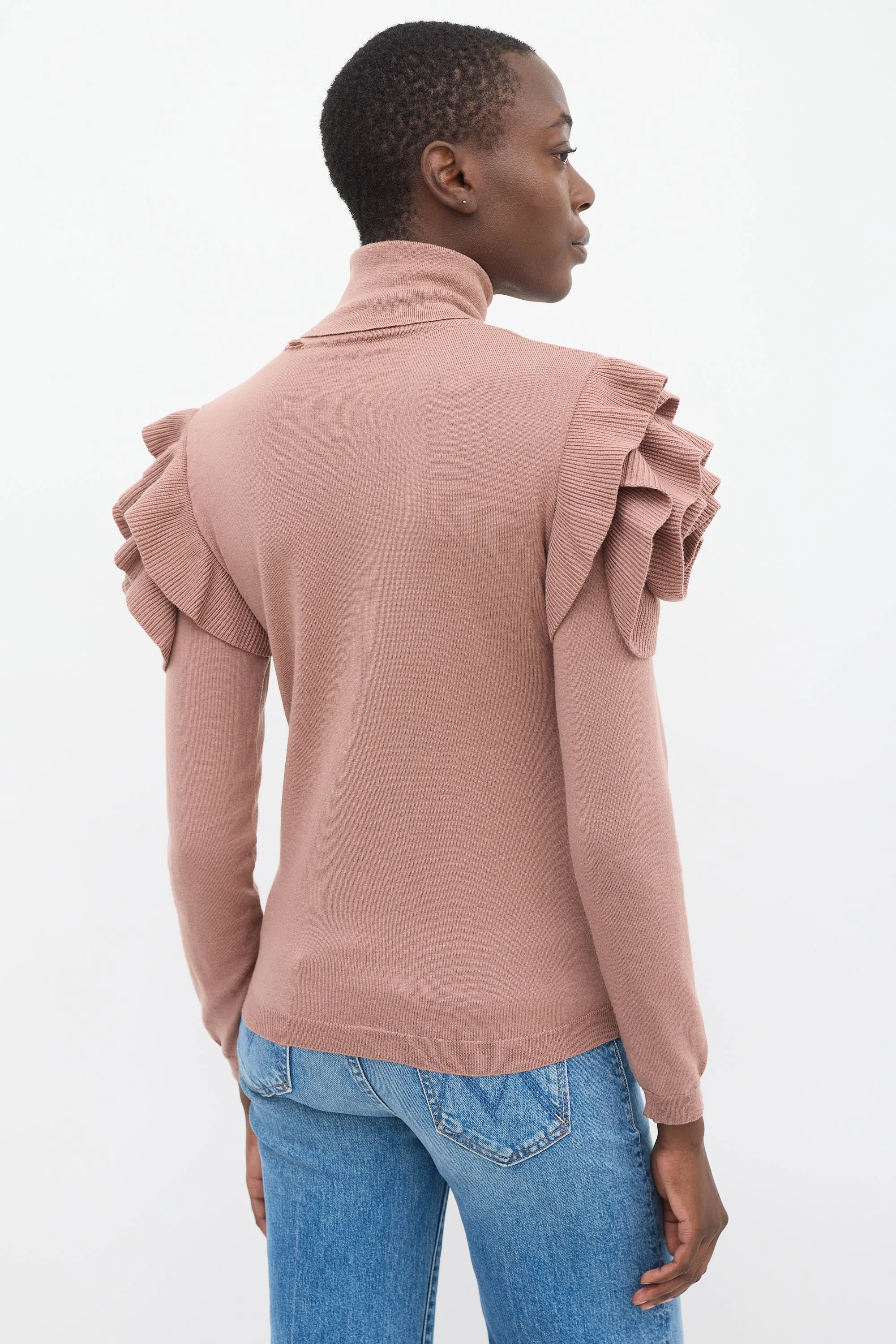 Pink Wool Ruffled Shoulder Turtleneck Top