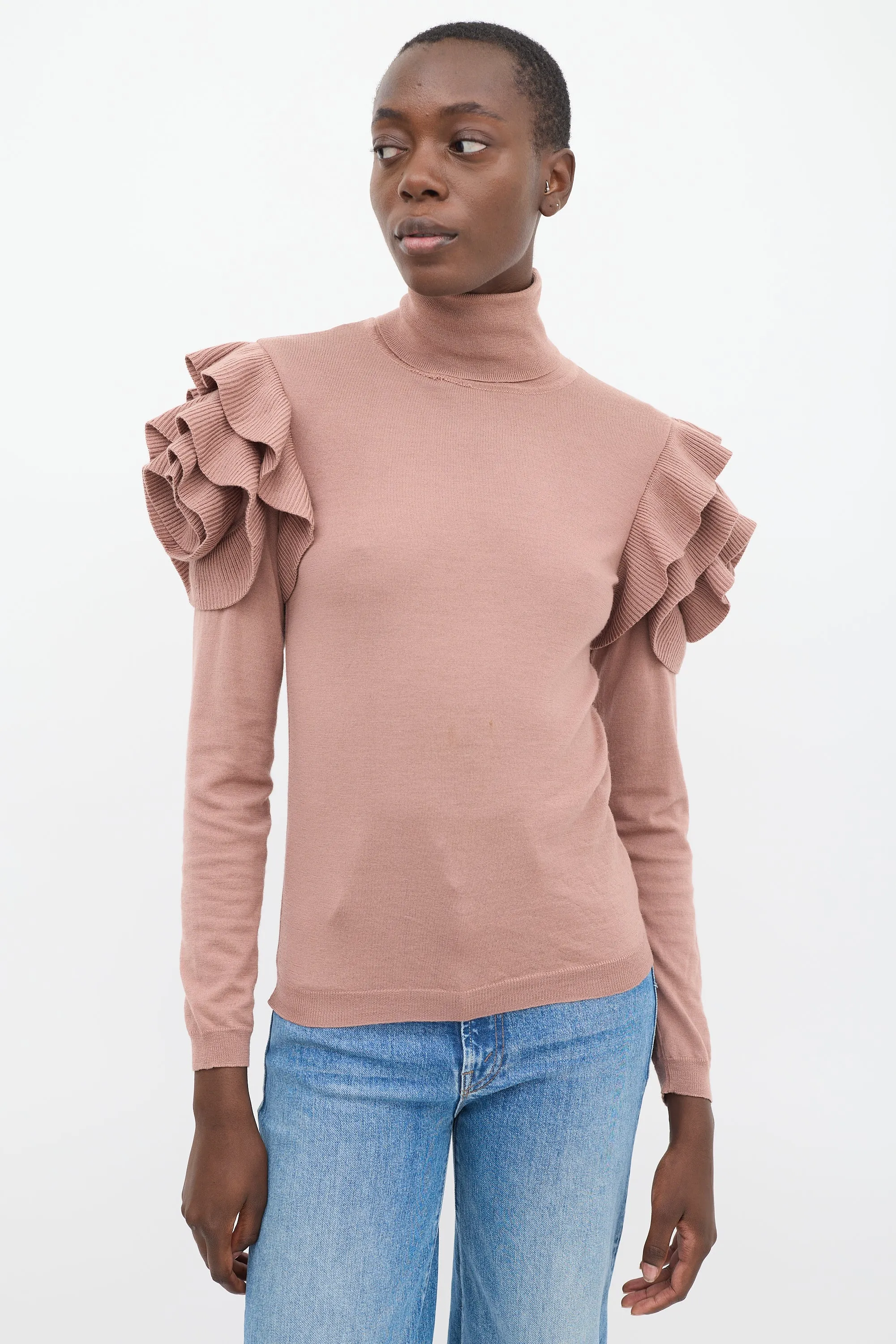 Pink Wool Ruffled Shoulder Turtleneck Top