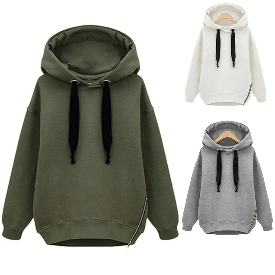 Plain Thick Hoodies Solid Sweatshirt Warm Hoodies For Women  Xxl Oversized Side Zip Hoodie Drawstring