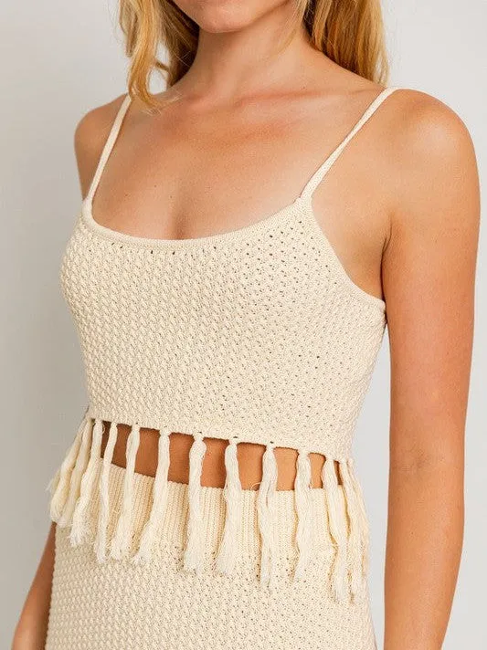 Playful Touch Tassel Detail Boho Sweater Crop Top with Spaghetti Straps