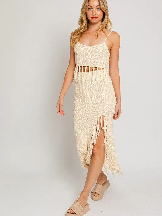 Playful Touch Tassel Detail Boho Sweater Crop Top with Spaghetti Straps