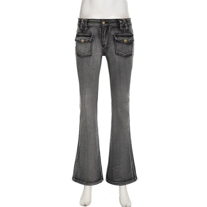 Pocket button solid low rise flared jeans