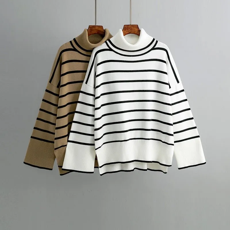 Pre Order:  Striped Ribbed Turtleneck Knit Sweater