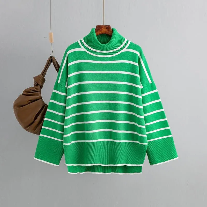 Pre Order:  Striped Ribbed Turtleneck Knit Sweater